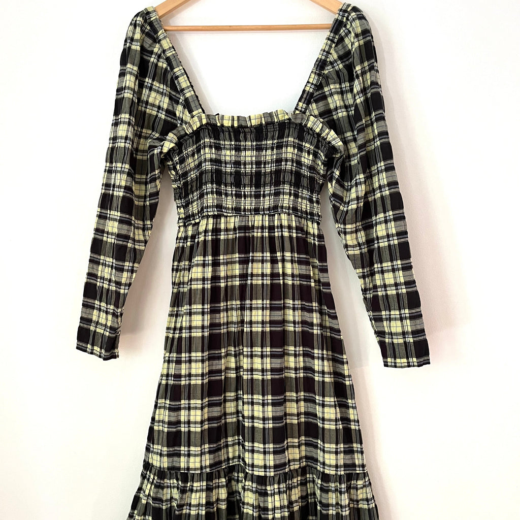 Ganni Long Sleeve Seersucker Check Dress in Elfin Yellow Size 36/AU8.