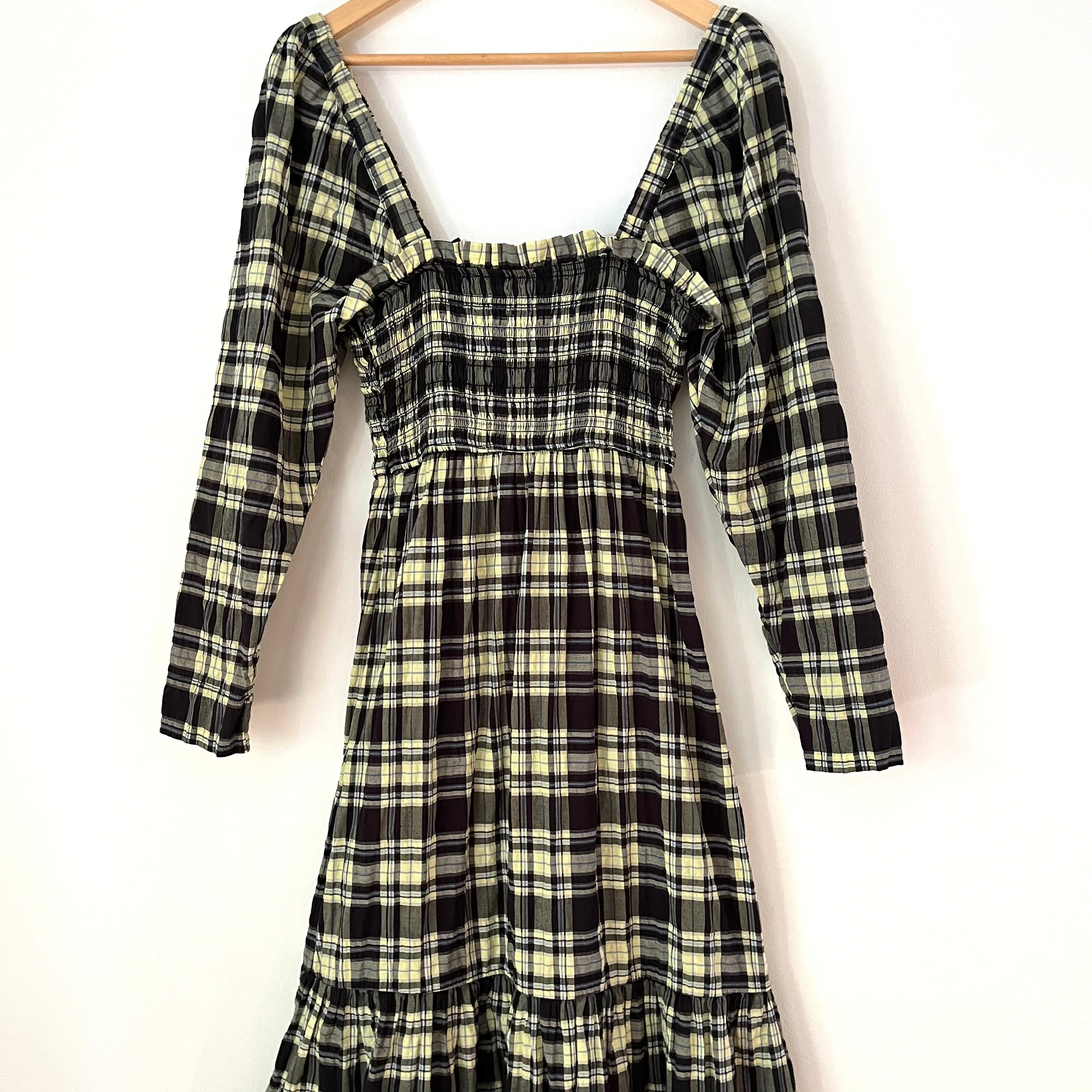 Ganni Long Sleeve Seersucker Check Dress in Elfin Yellow Size 36/AU8.