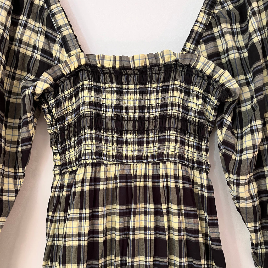 Ganni Long Sleeve Seersucker Check Dress in Elfin Yellow Size 36/AU8.