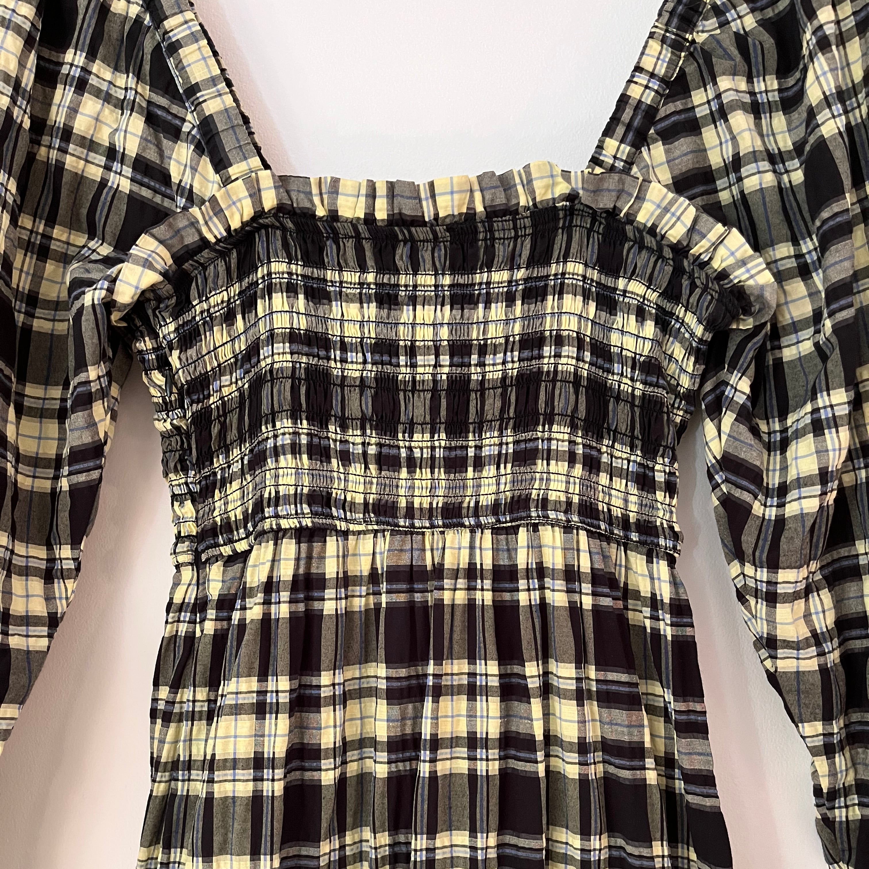 Ganni Long Sleeve Seersucker Check Dress in Elfin Yellow Size 36/AU8.