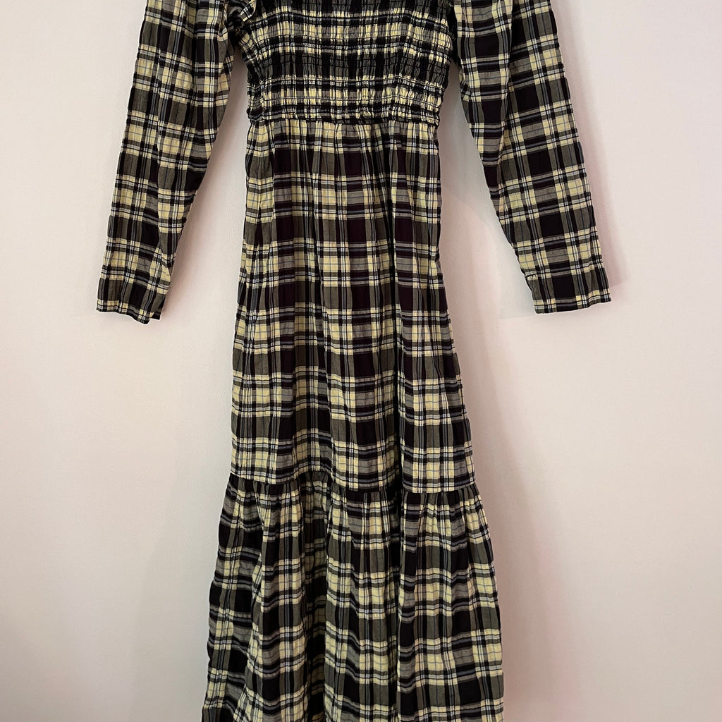 Ganni Long Sleeve Seersucker Check Dress in Elfin Yellow Size 36/AU8.