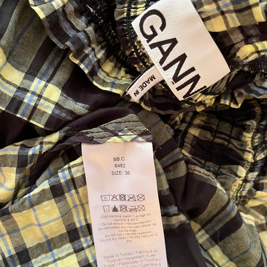 Ganni Long Sleeve Seersucker Check Dress in Elfin Yellow Size 36/AU8.