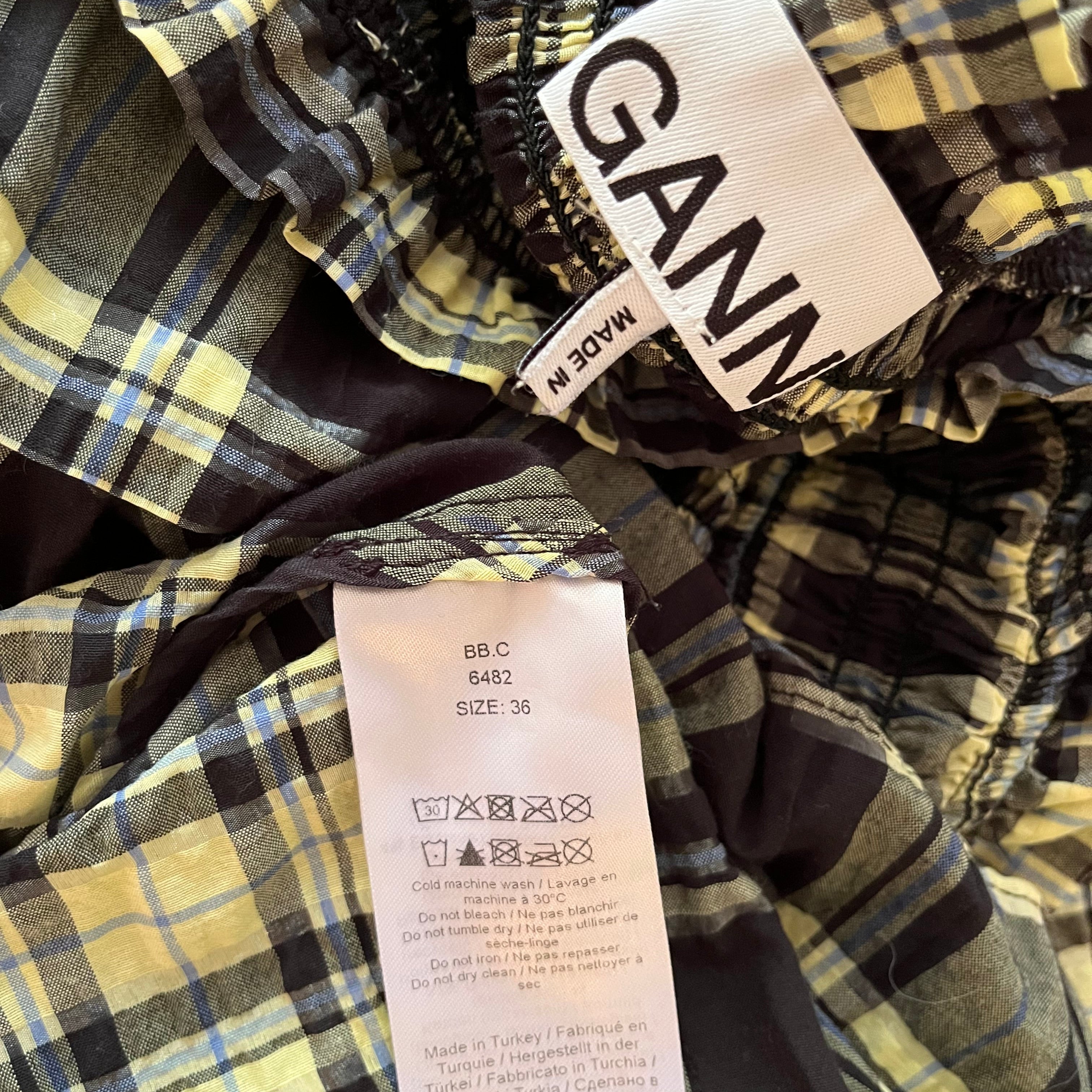 Ganni Long Sleeve Seersucker Check Dress in Elfin Yellow Size 36/AU8.