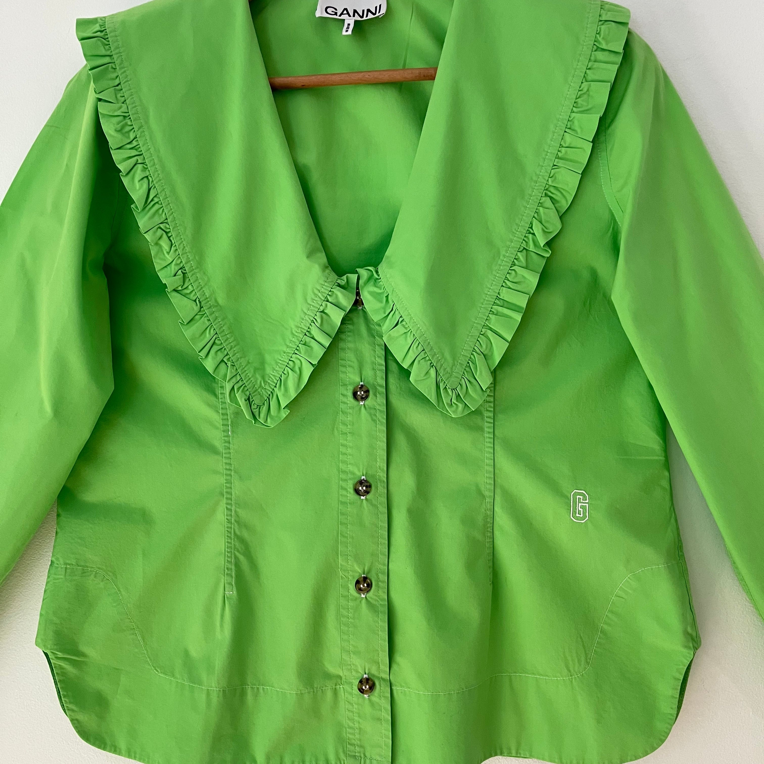 Ganni Ruffle Collar Poplin Shirt in Vibrant Neon Green Size 36/S.