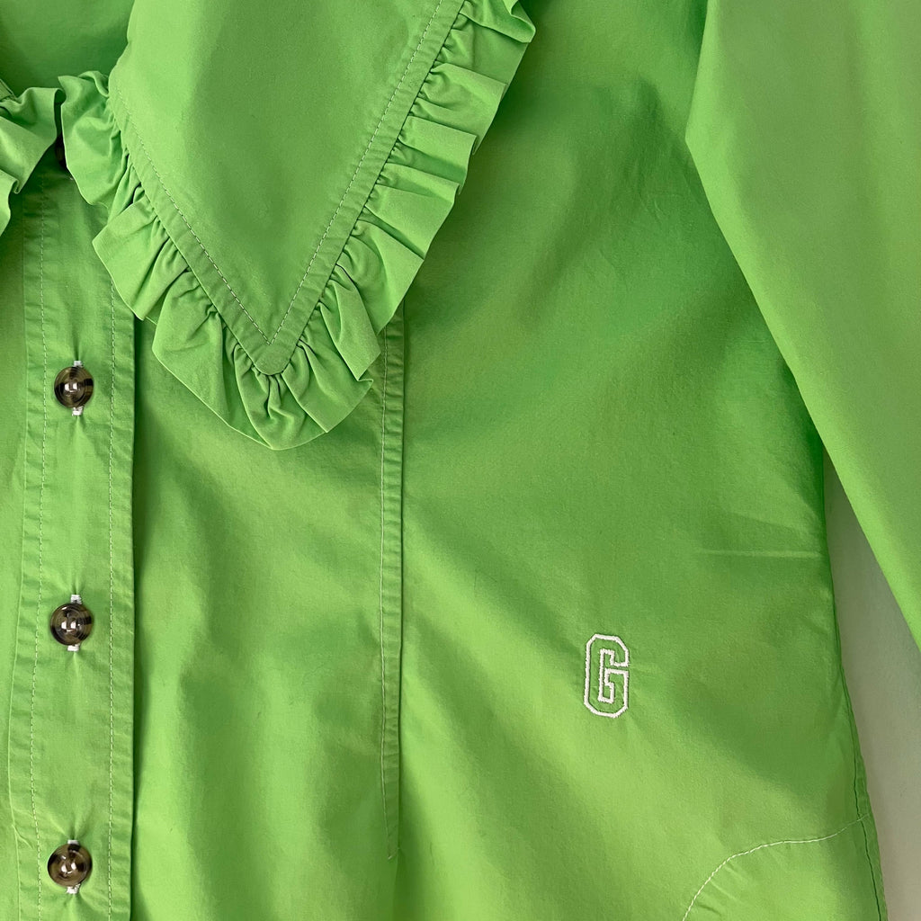 Ganni Ruffle Collar Poplin Shirt in Vibrant Neon Green Size 36/S.