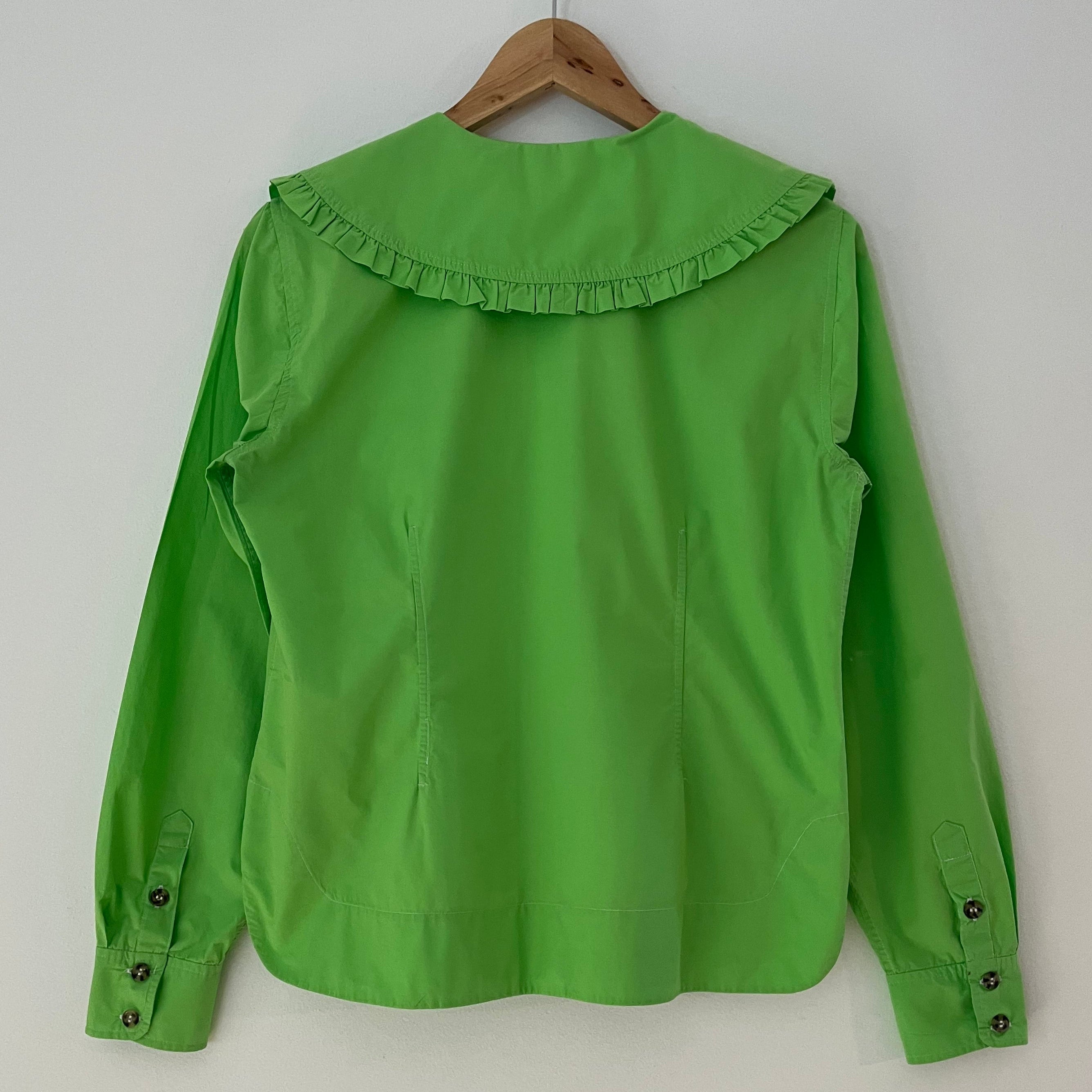 Ganni Ruffle Collar Poplin Shirt in Vibrant Neon Green Size 36/S.