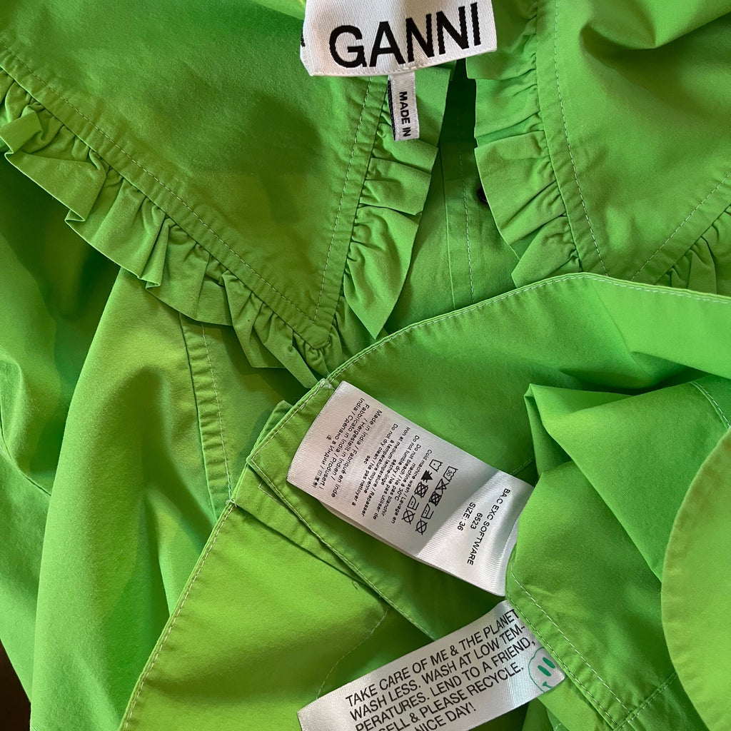 Ganni Ruffle Collar Poplin Shirt in Vibrant Neon Green Size 36/S.