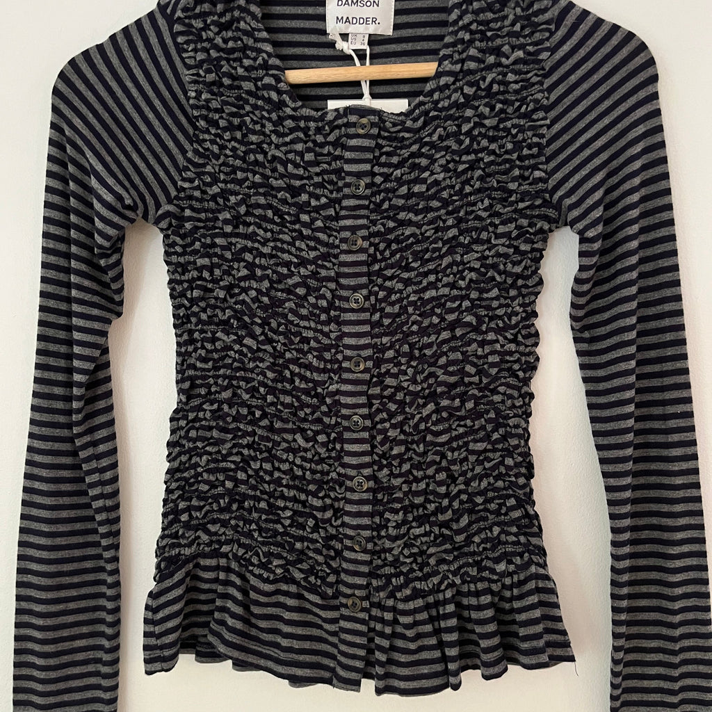 Damson Madder ELLIANA Smocked Cardigan In Grey Stripe Size UK8.