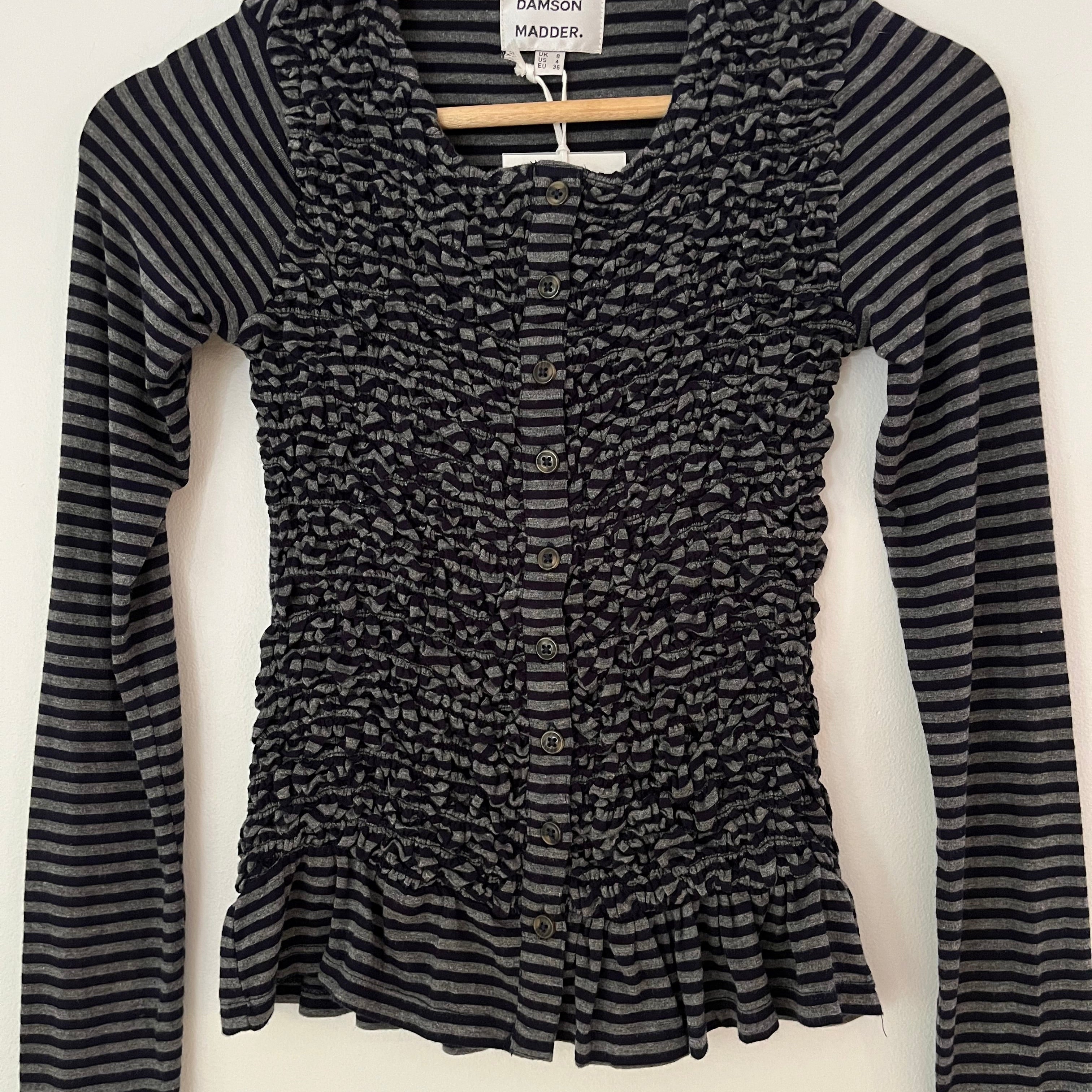 Damson Madder ELLIANA Smocked Cardigan In Grey Stripe Size UK8.