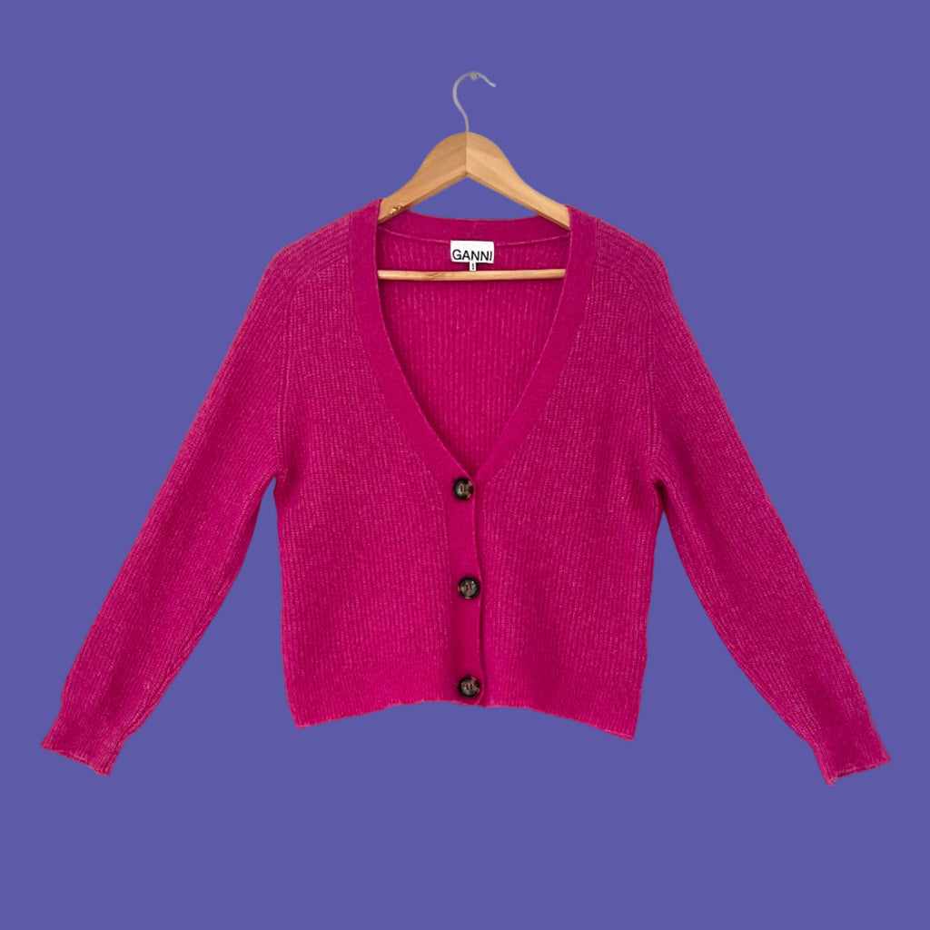 Ganni Wool Cardigan in Magenta.
