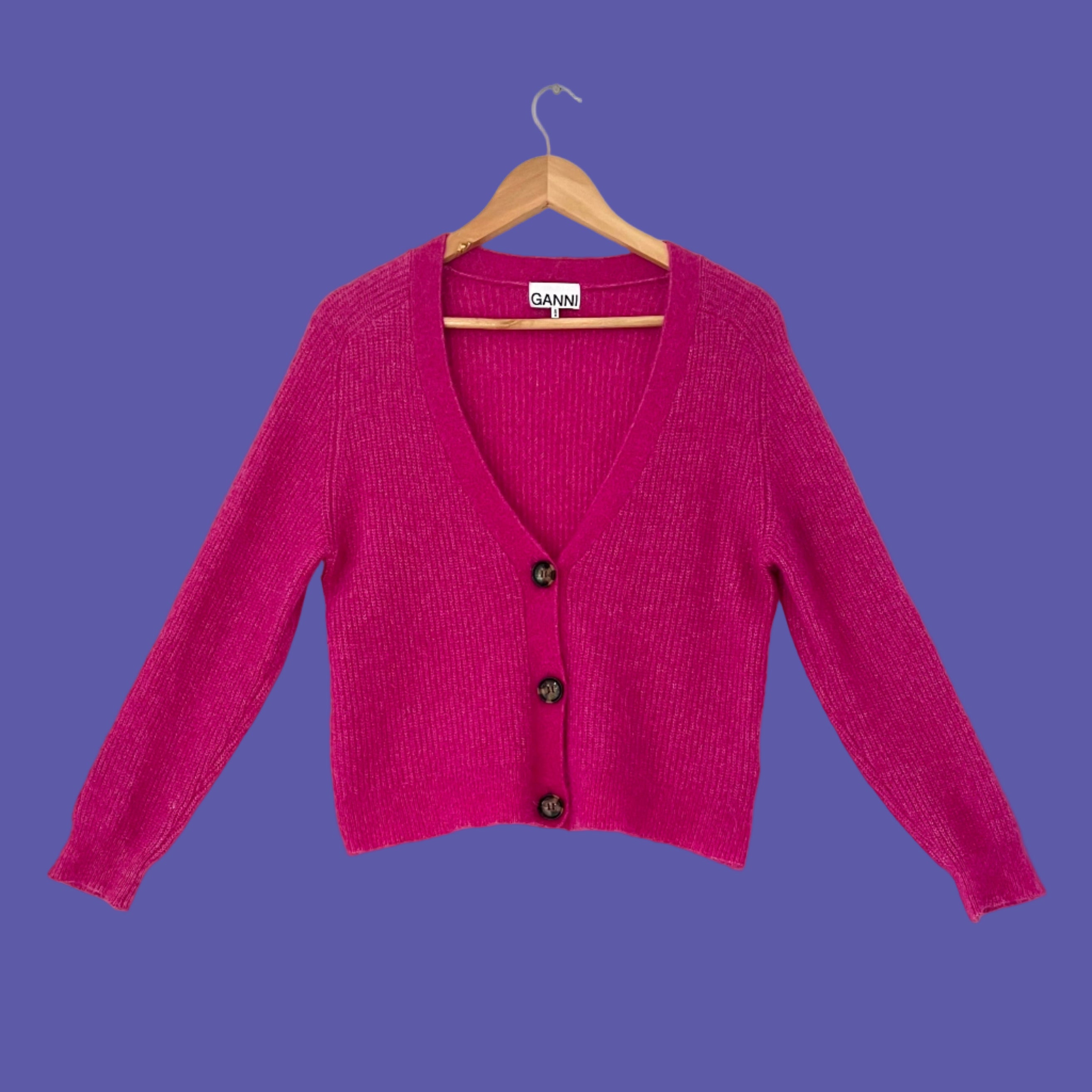 Ganni Wool Cardigan in Magenta.