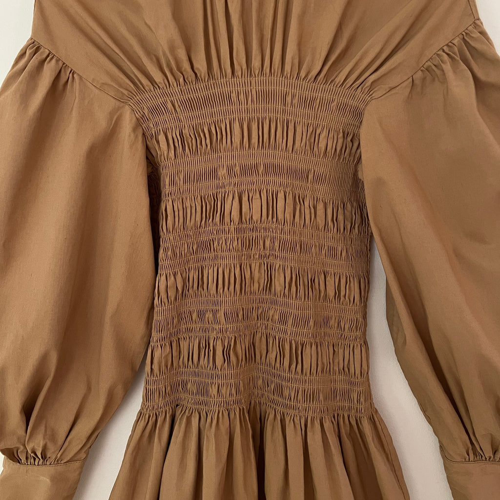 Ganni Smocked Cotton Canvas Midi Dress Size 42/AU14.
