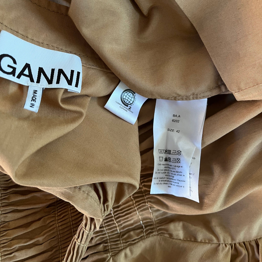 Ganni Smocked Cotton Canvas Midi Dress Size 42/AU14.