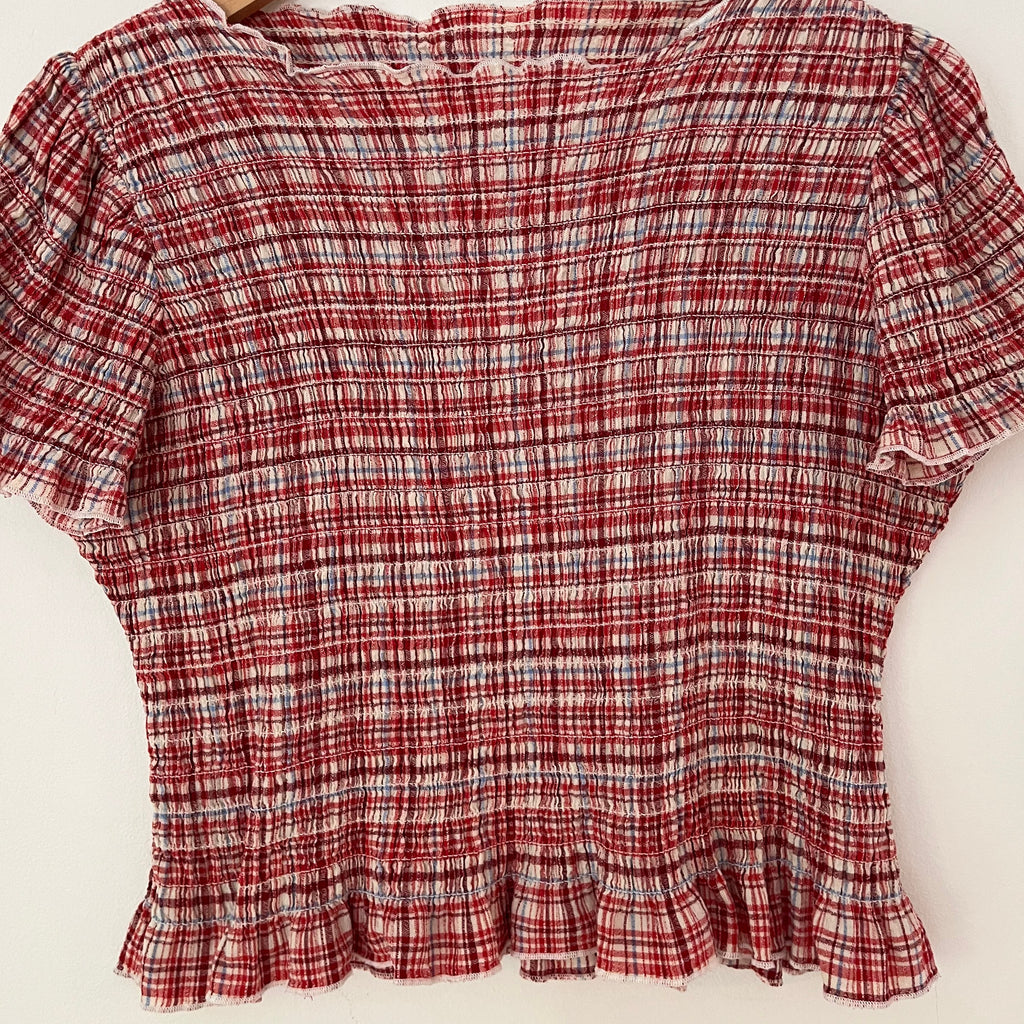 Apres Studios STRAWBERRY Plaid Ruched Top Size M.