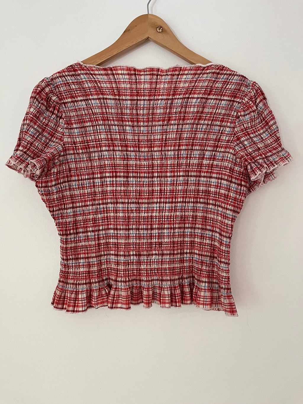 Apres Studios STRAWBERRY Plaid Ruched Top Size M.