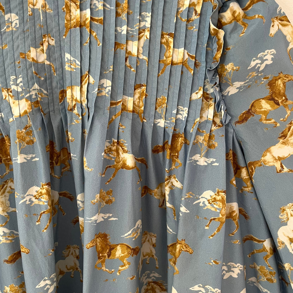 Ganni Horse-Print Pintucked Cotton Smock Dress Size 34/XS.