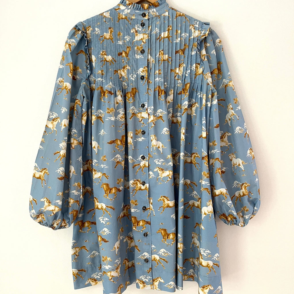 Ganni Horse-Print Pintucked Cotton Smock Dress Size 34/XS.