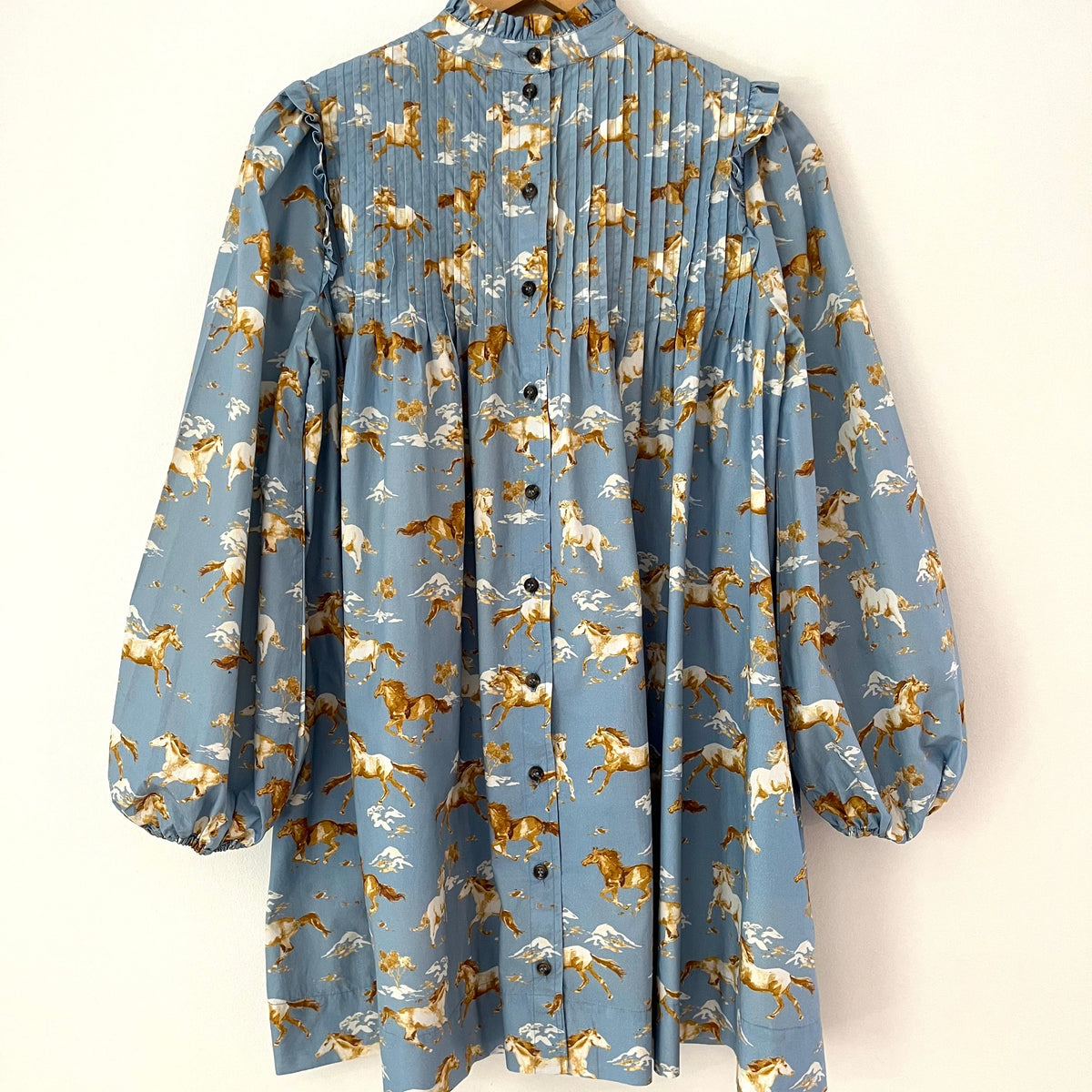 Ganni Horse-Print Pintucked Cotton Smock Dress Size 34/XS.