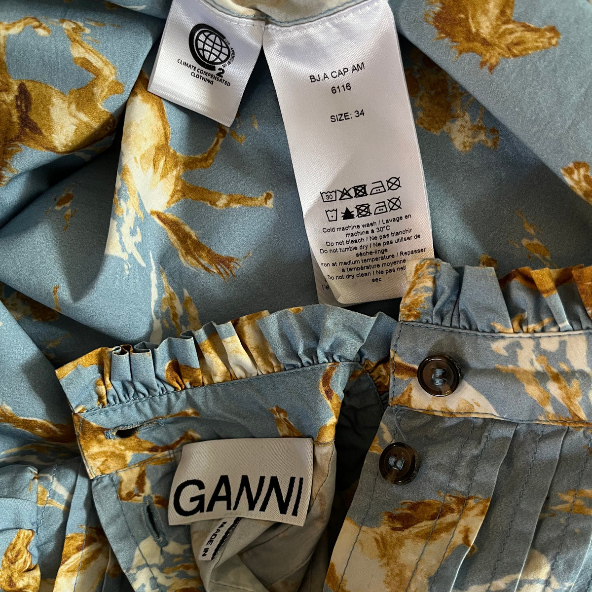 Ganni Horse-Print Pintucked Cotton Smock Dress Size 34/XS.