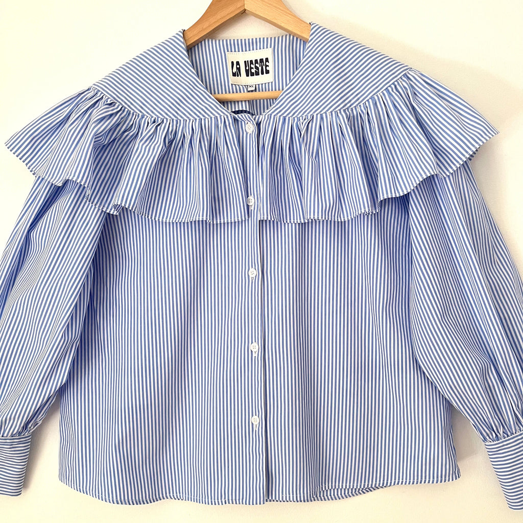 La Veste TABLA Cotton Shirt in Blue/White Stripe Size XL.
