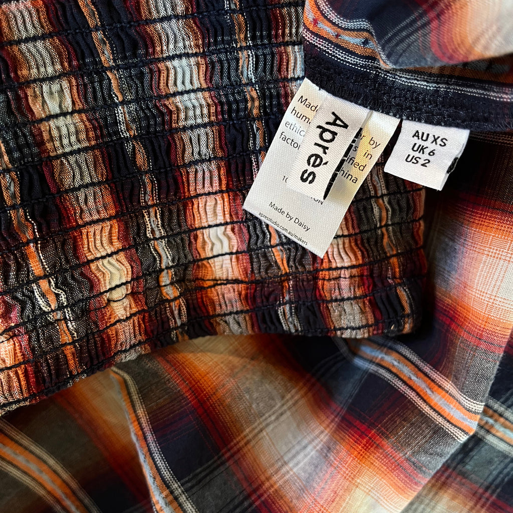 Après Studios Shirred Midi in Grape Plaid Size XS.