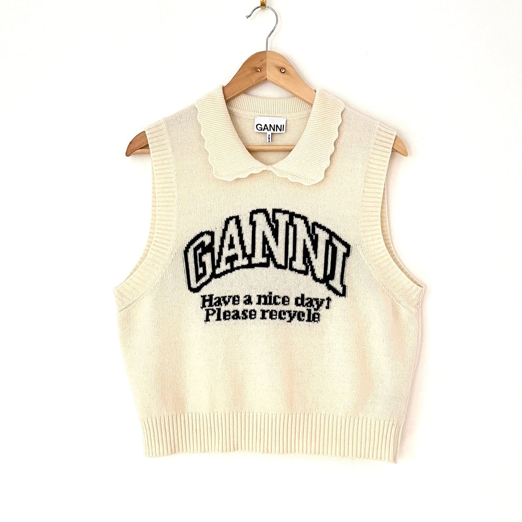 Ganni Graphic Wool Mix Collar Vest Size L.