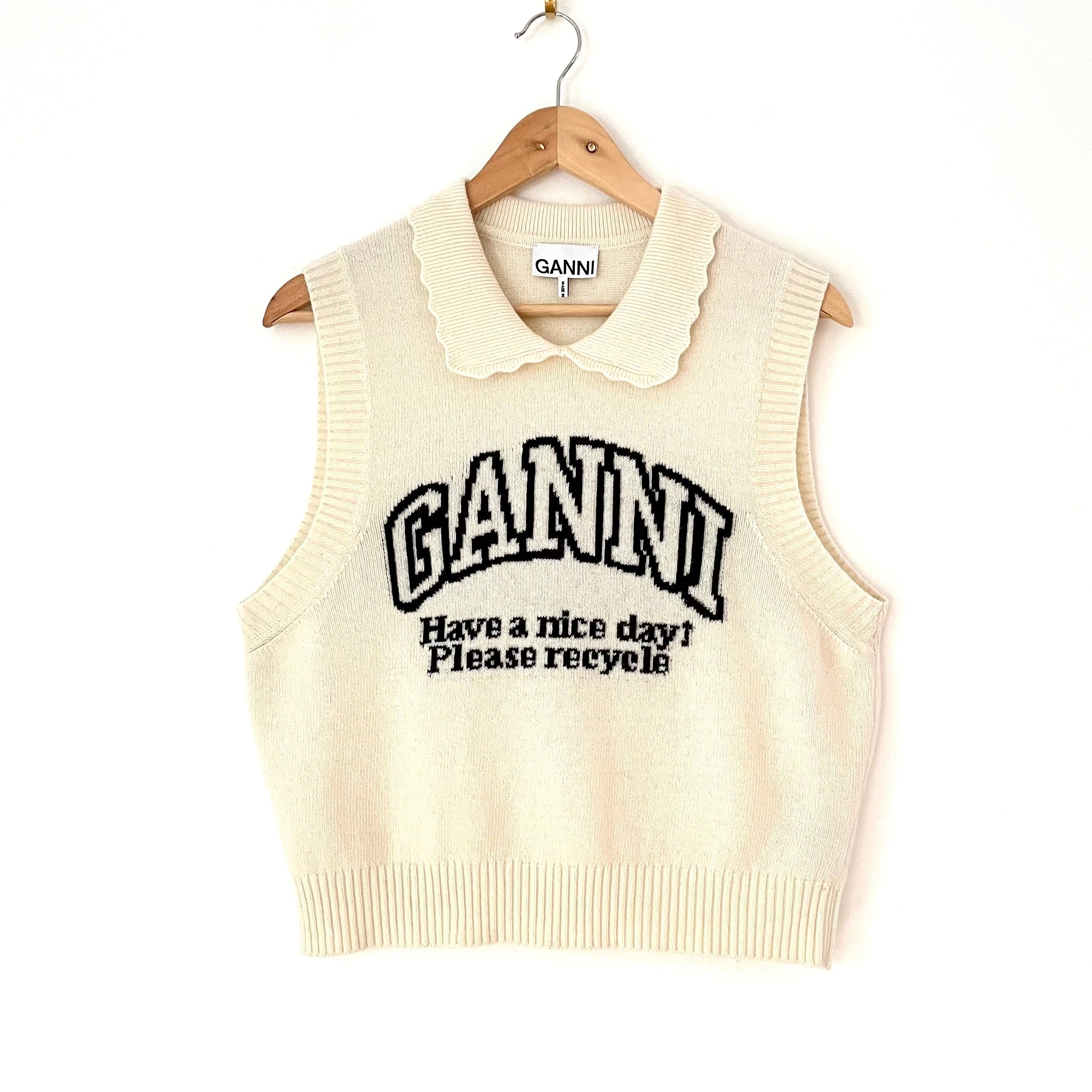 Ganni Graphic Wool Mix Collar Vest Size L.
