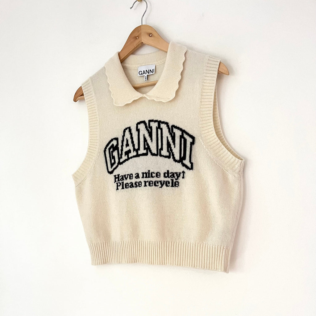 Ganni Graphic Wool Mix Collar Vest Size L.