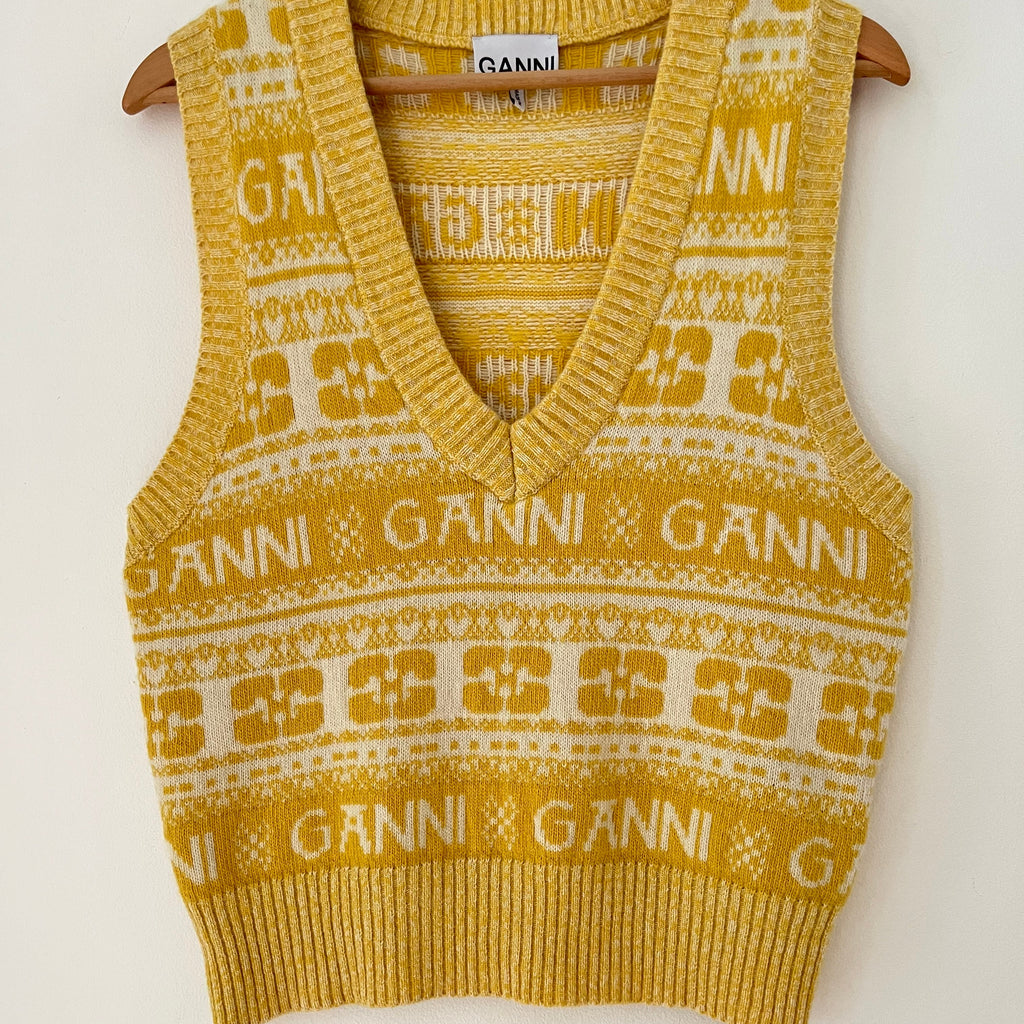 Ganni Logo Intarsia Wool Mix Vest Size S.