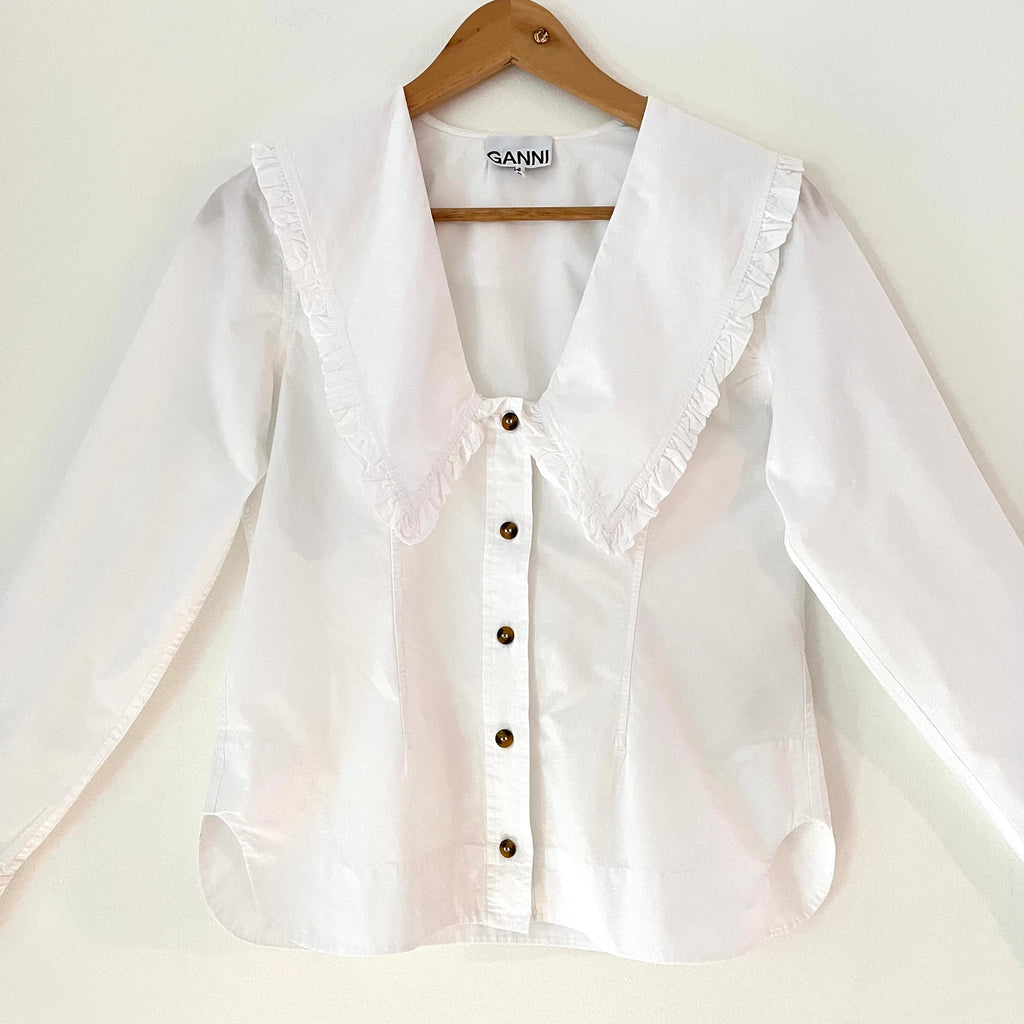 Ganni Cotton Poplin V Neck Shirt in White Size 34/AU6.