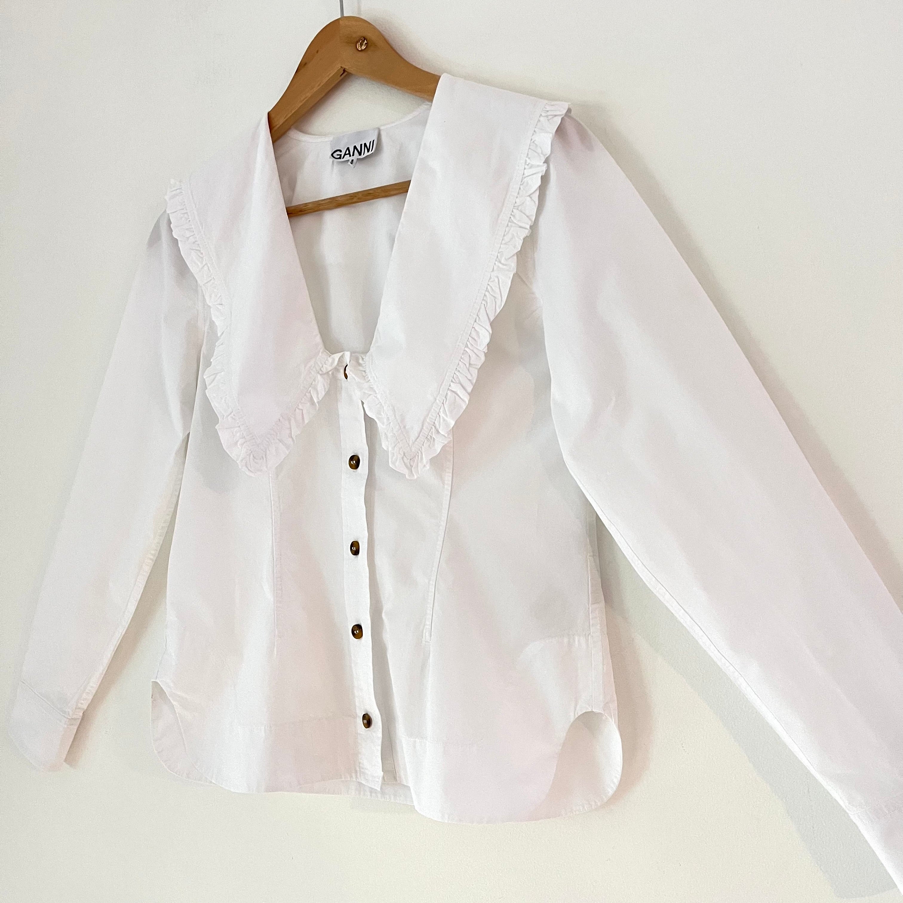 Ganni Cotton Poplin V Neck Shirt in White Size 34/AU6.