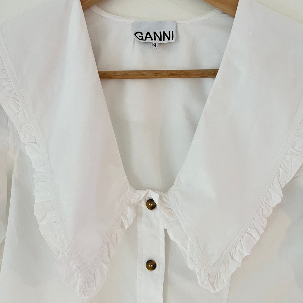 Ganni Cotton Poplin V Neck Shirt in White Size 34/AU6.