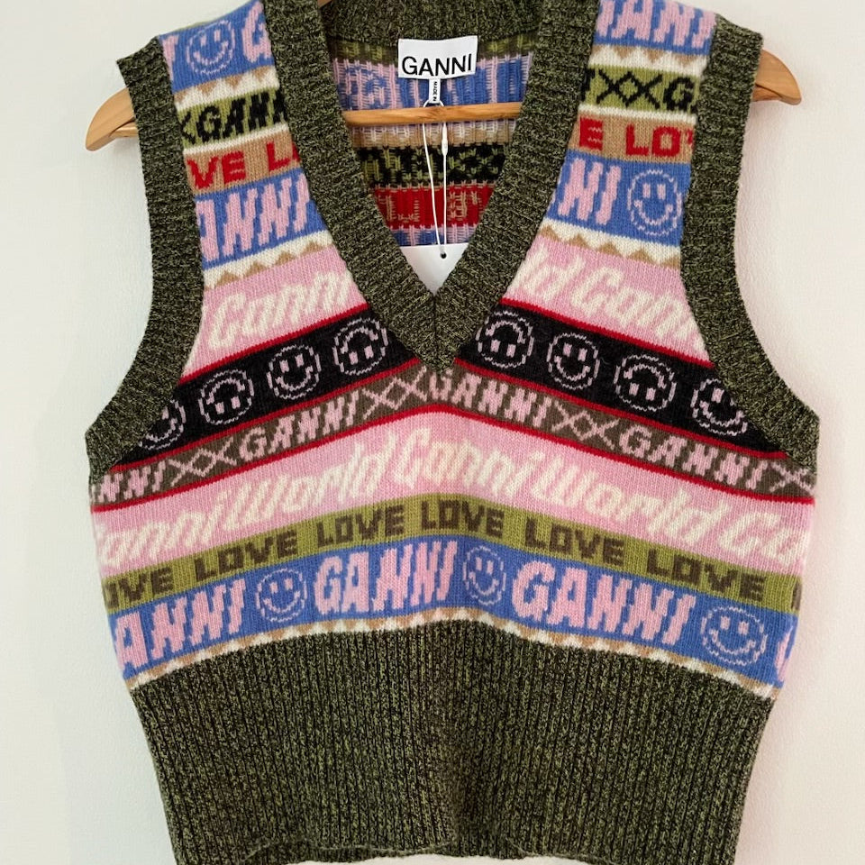 Ganni BNWT INTARSIA Graphic Knit Vest Size M.