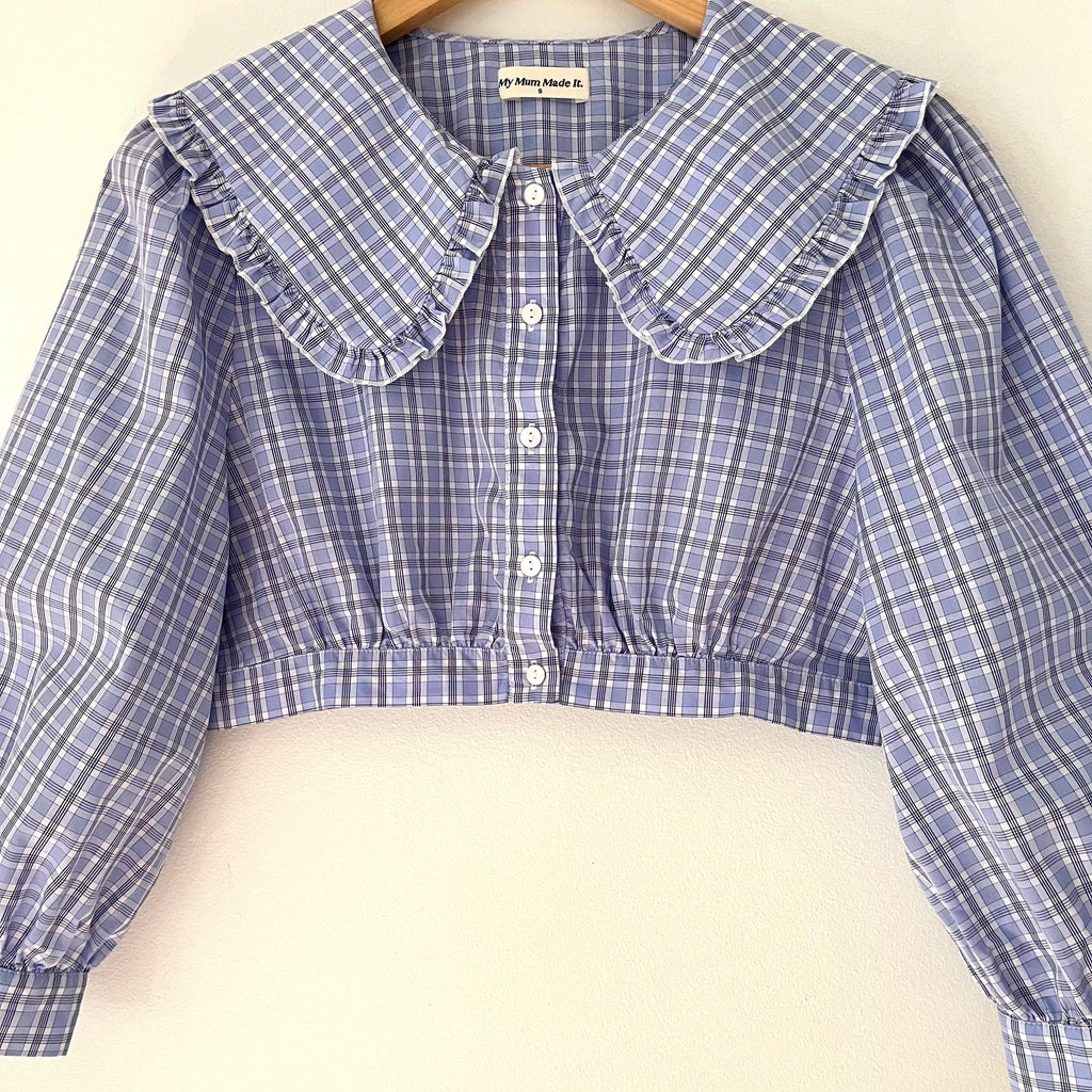 My Mum Made It Collar Crop Blouse in Sky Blue Check Size XS.