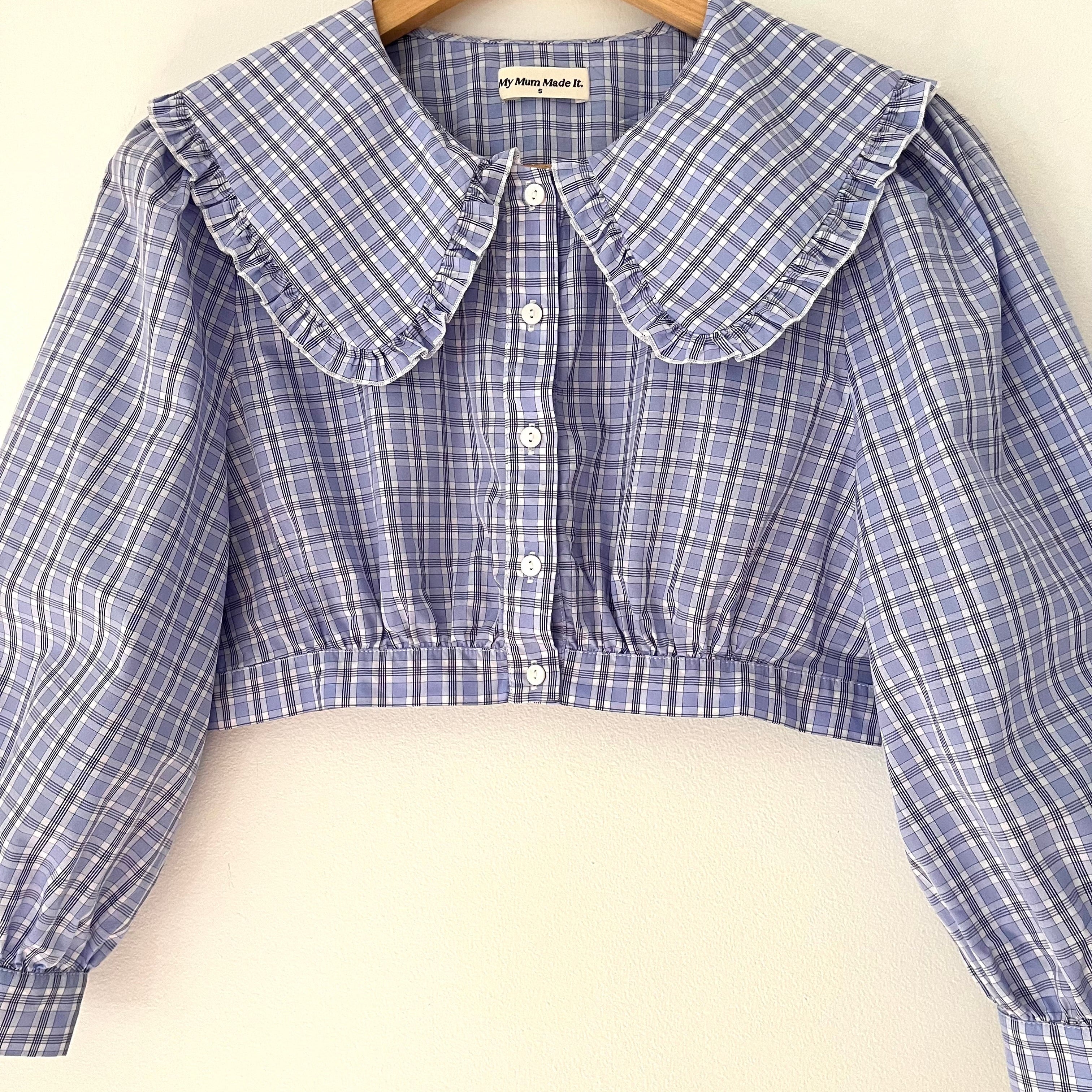 My Mum Made It Collar Crop Blouse in Sky Blue Check Size XS.