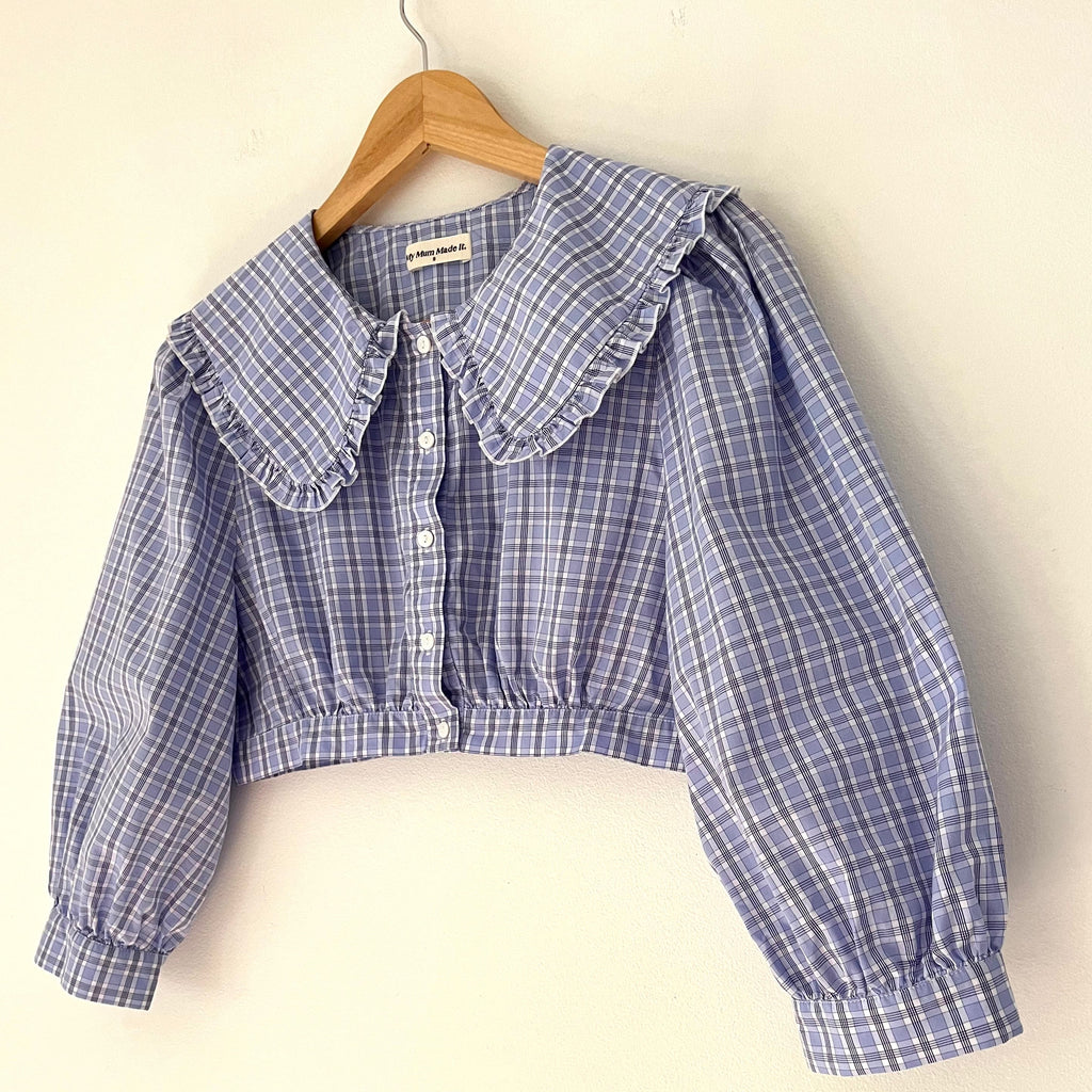 My Mum Made It Collar Crop Blouse in Sky Blue Check Size XS.