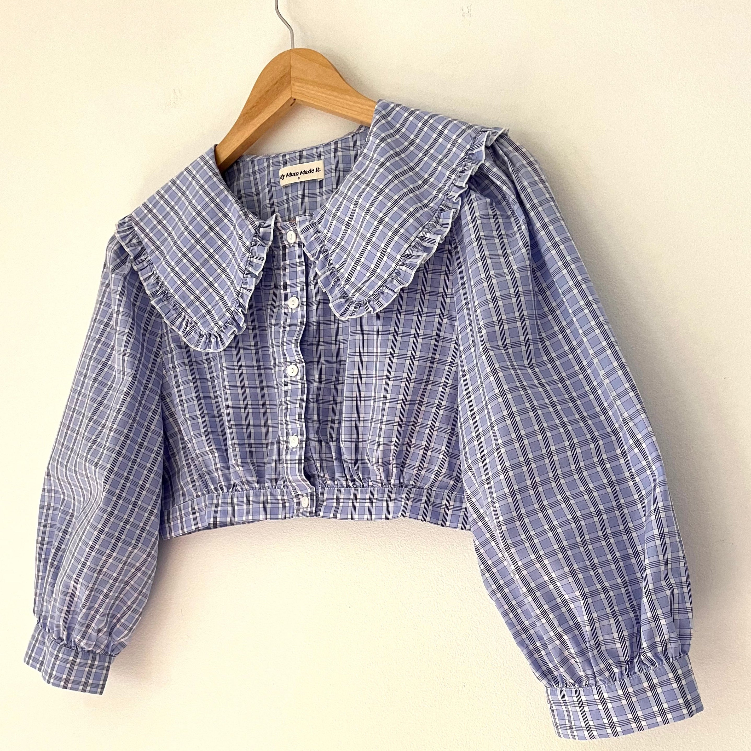 My Mum Made It Collar Crop Blouse in Sky Blue Check Size XS.