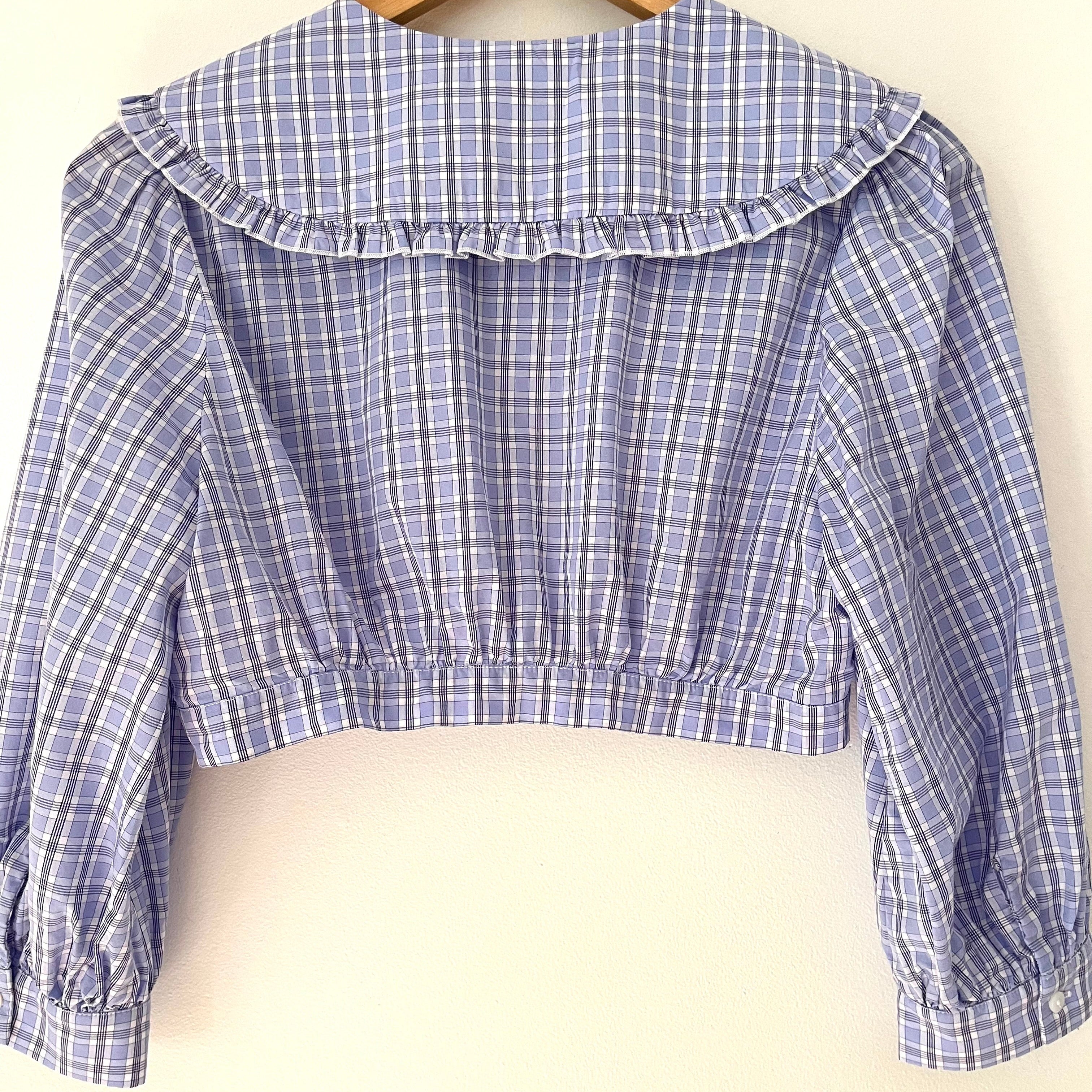 My Mum Made It Collar Crop Blouse in Sky Blue Check Size XS.