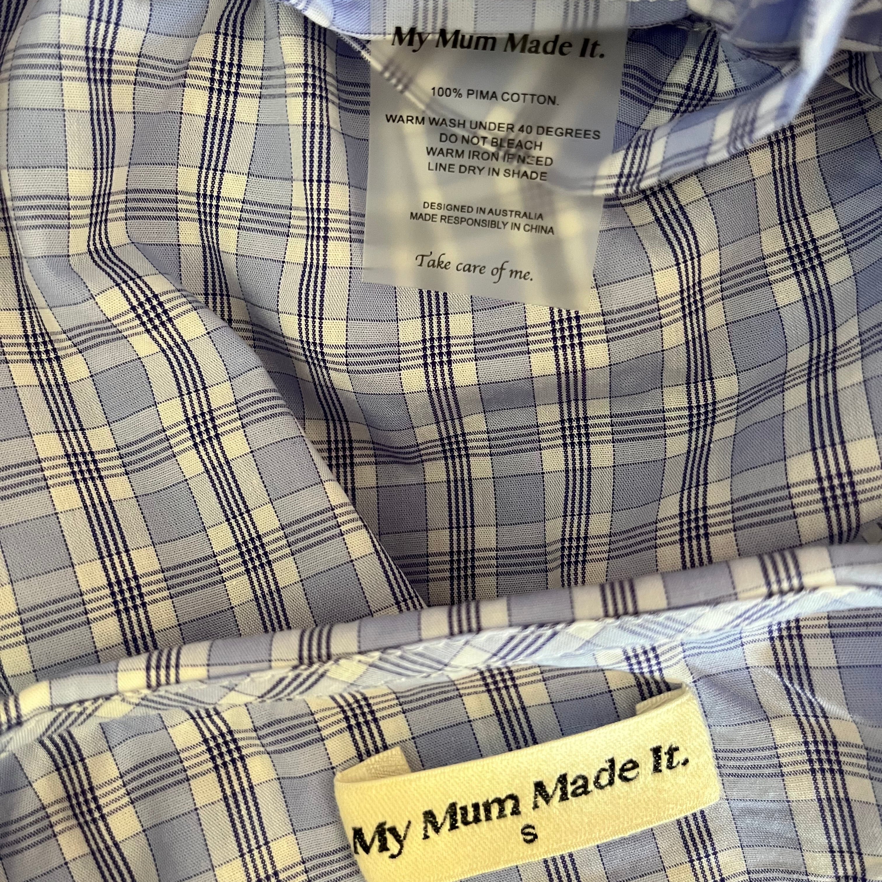 My Mum Made It Collar Crop Blouse in Sky Blue Check Size XS.