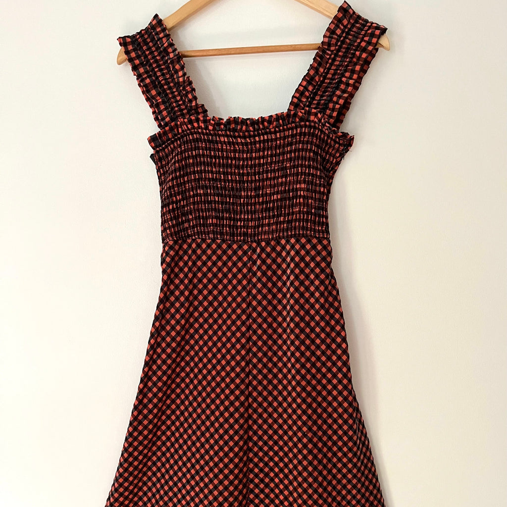 Ganni SEERSUCKER Check Maxi Dress in Flame Size 32.