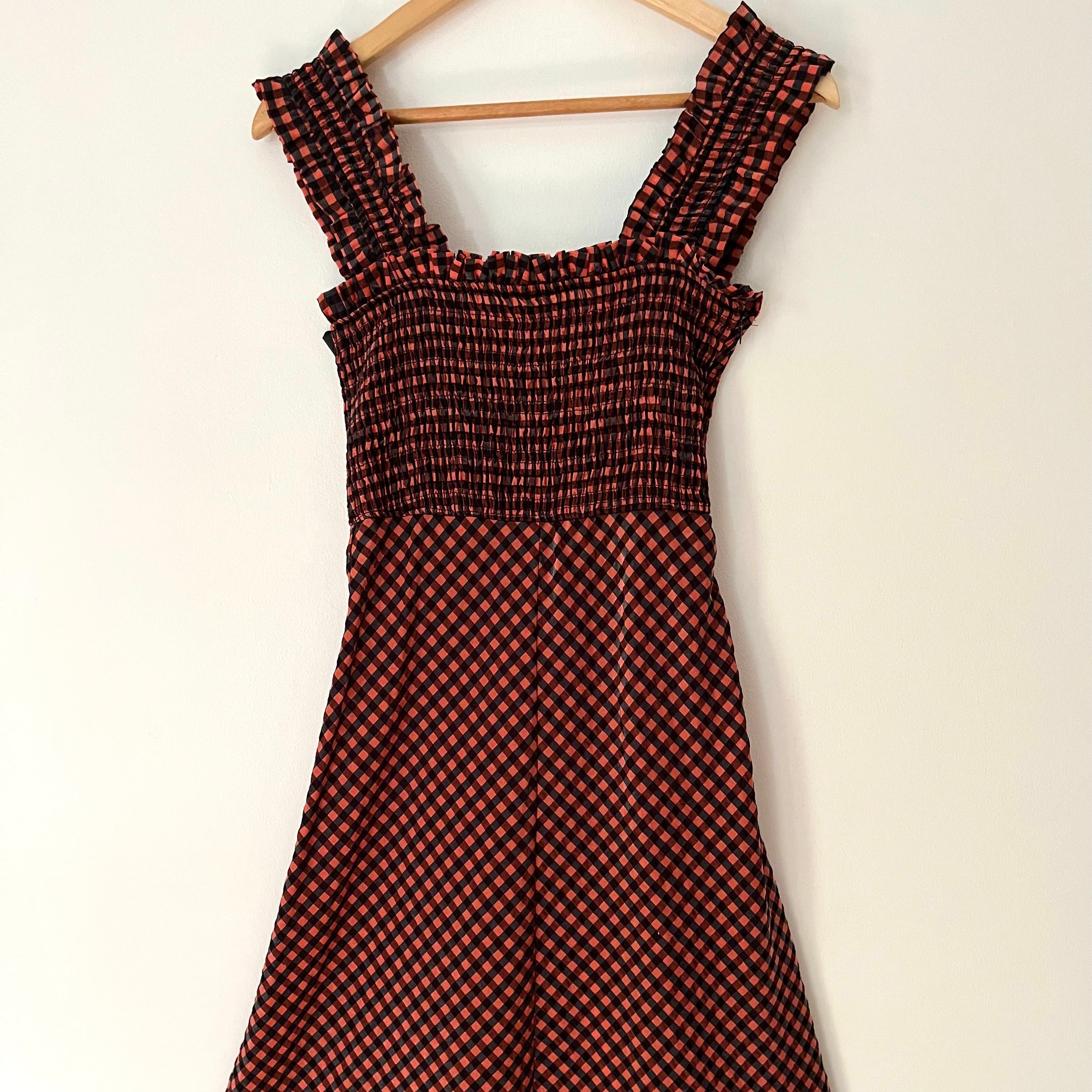 Ganni SEERSUCKER Check Maxi Dress in Flame Size 32.