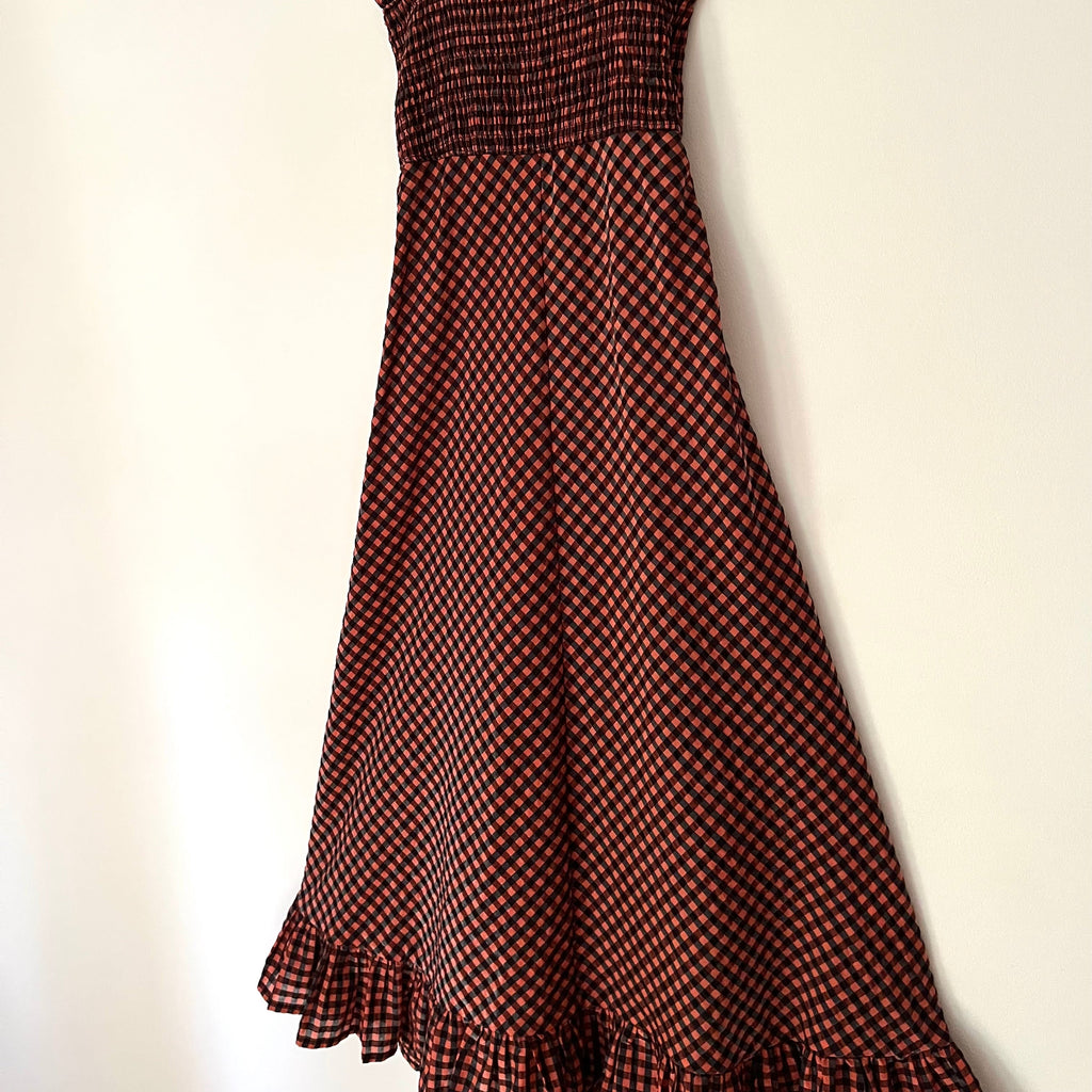Ganni SEERSUCKER Check Maxi Dress in Flame Size 32.
