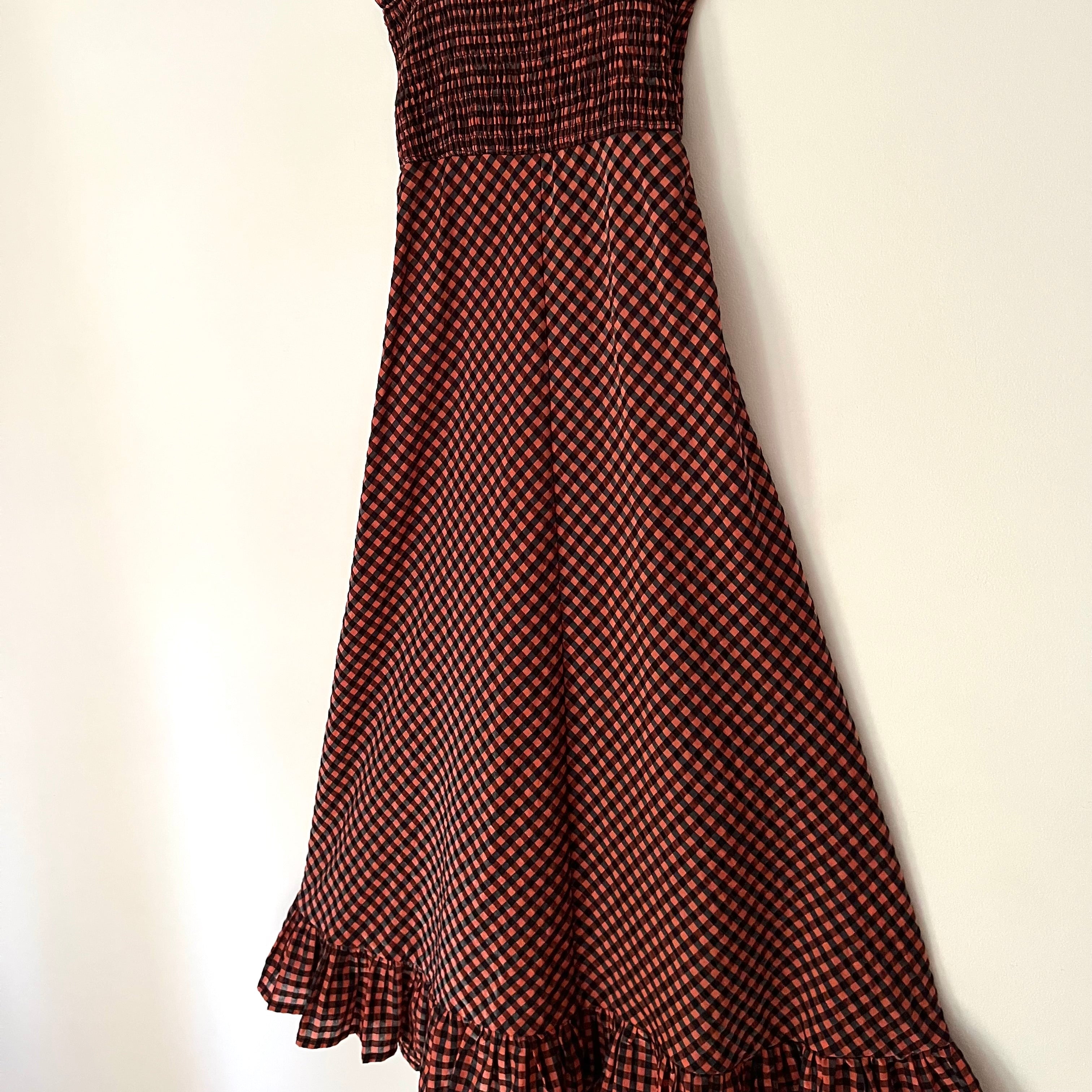 Ganni SEERSUCKER Check Maxi Dress in Flame Size 32.