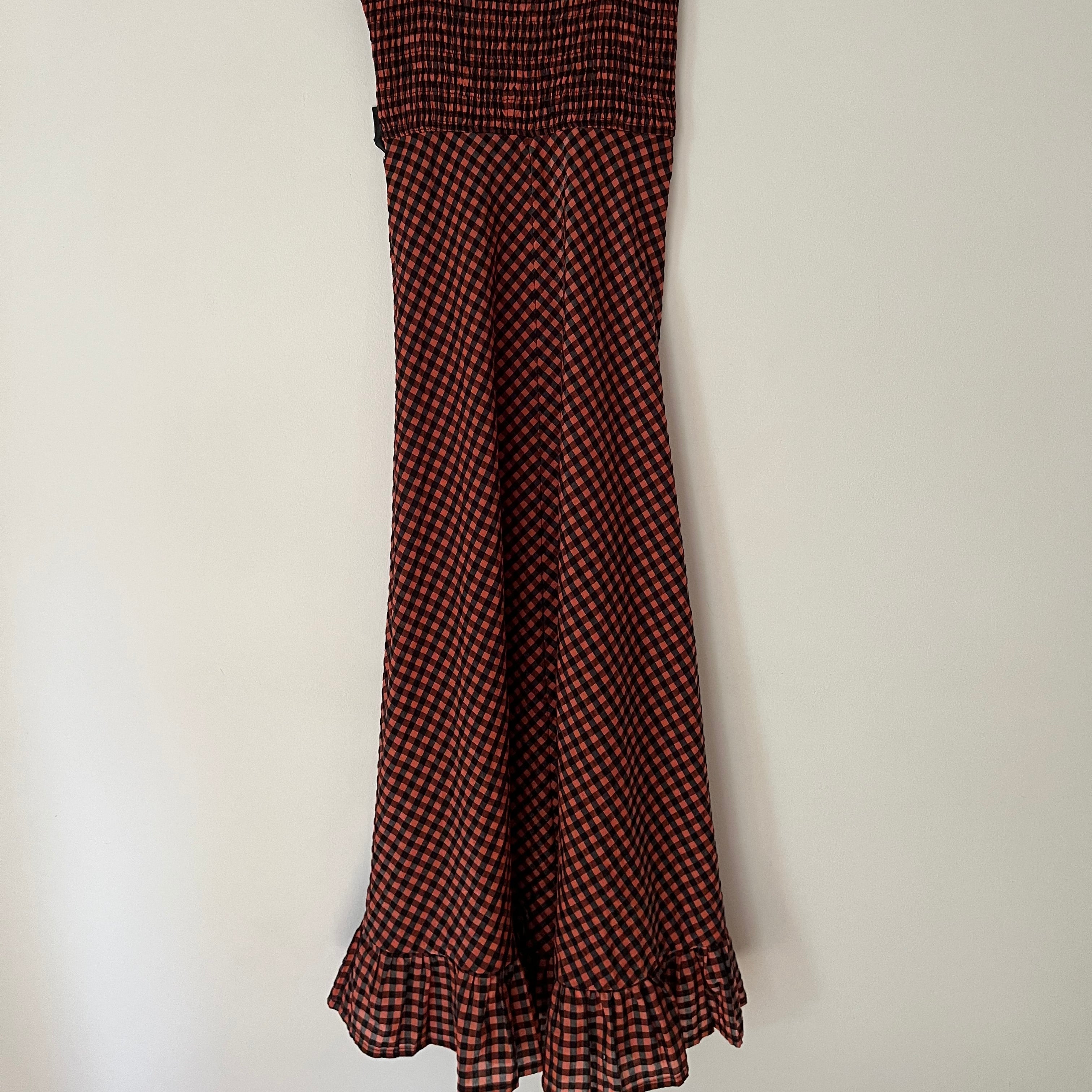 Ganni SEERSUCKER Check Maxi Dress in Flame Size 32.