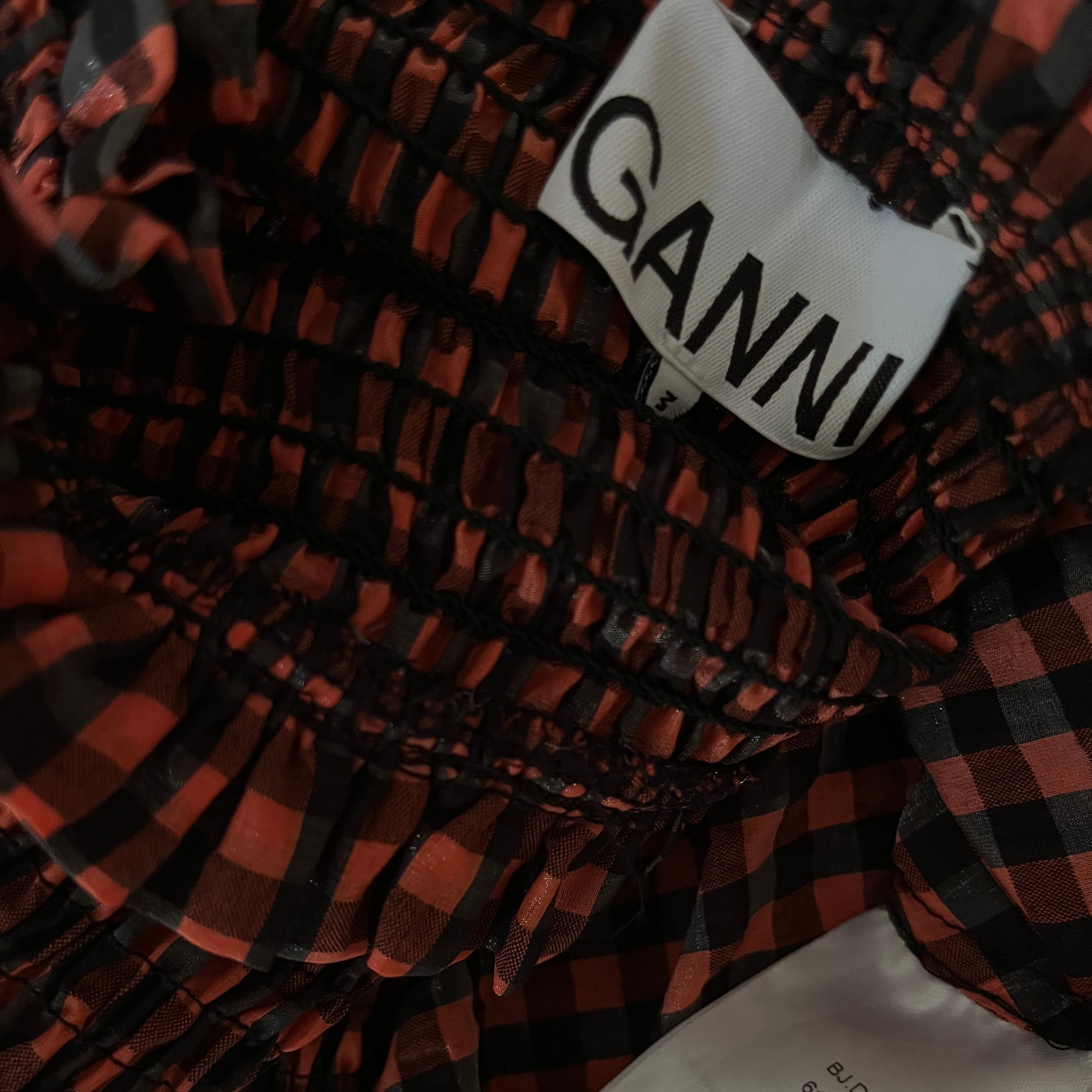 Ganni SEERSUCKER Check Maxi Dress in Flame Size 32.