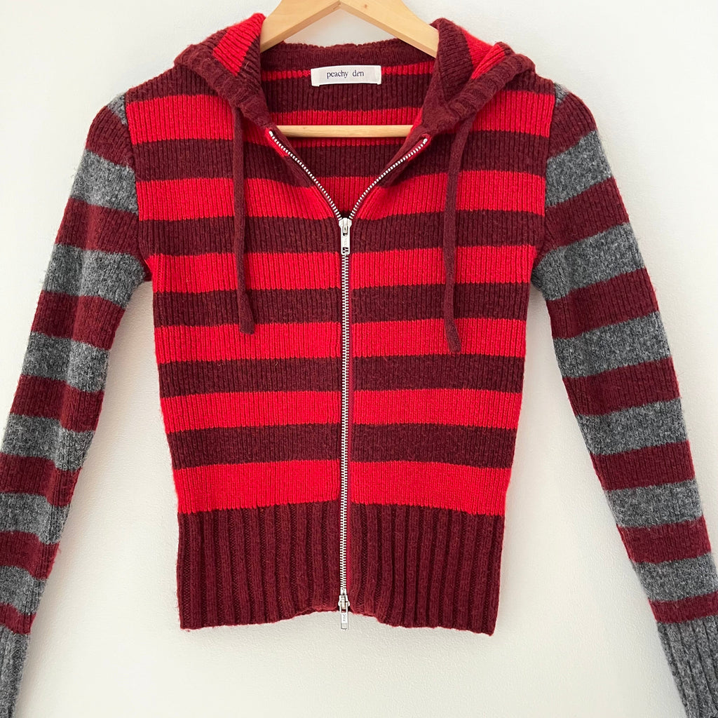 Peachy Den ANITA Knitted Hoodie in Burgundy Stripe Size XS.