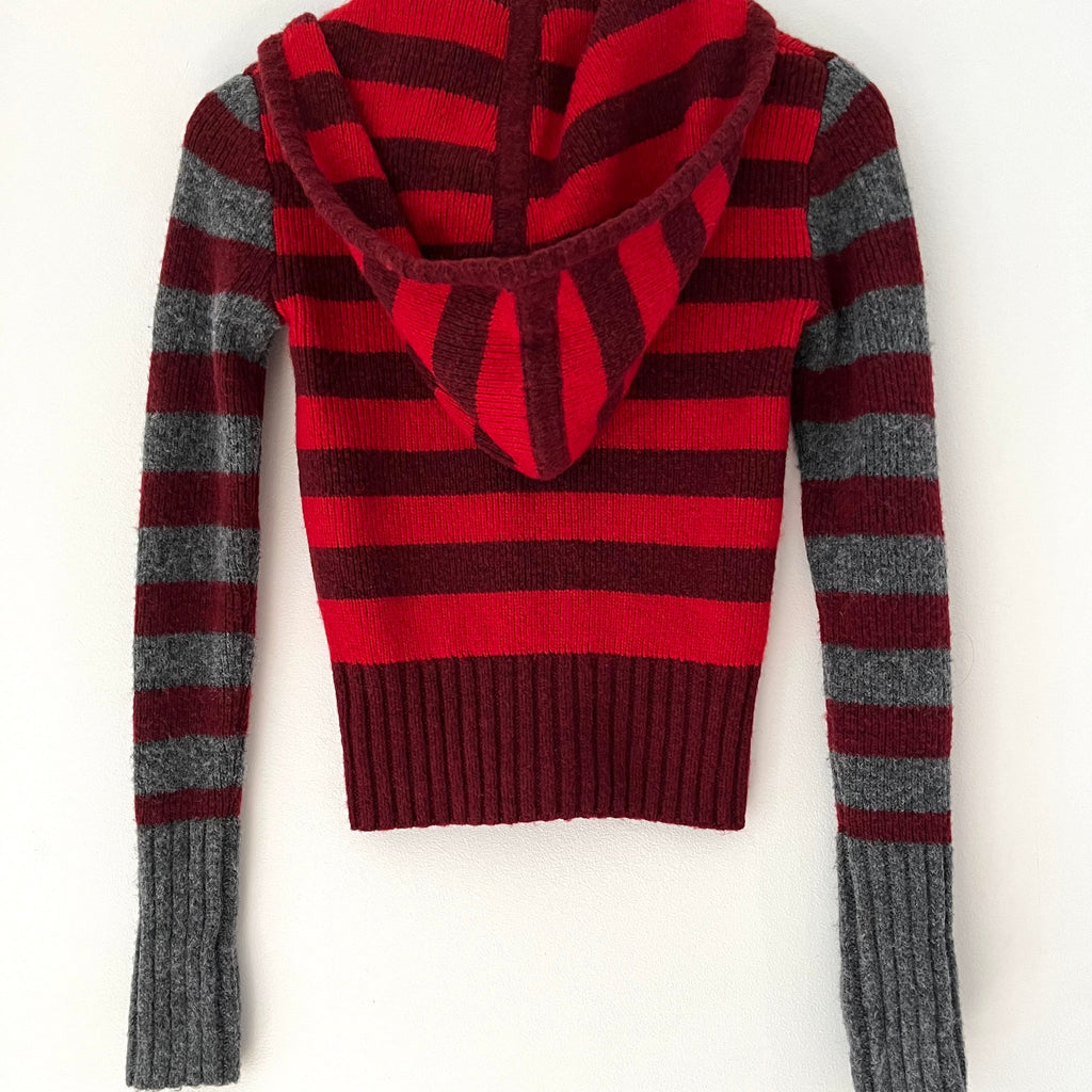 Peachy Den ANITA Knitted Hoodie in Burgundy Stripe Size XS.