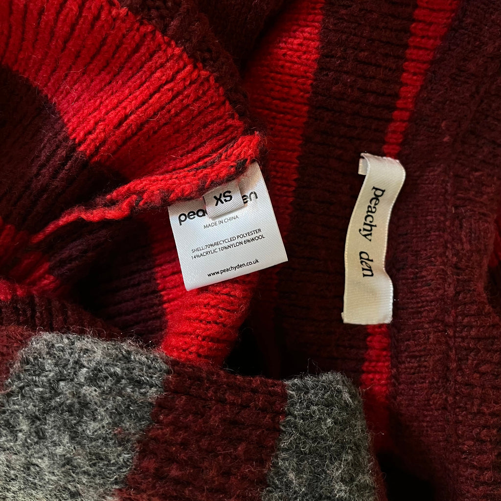 Peachy Den ANITA Knitted Hoodie in Burgundy Stripe Size XS.