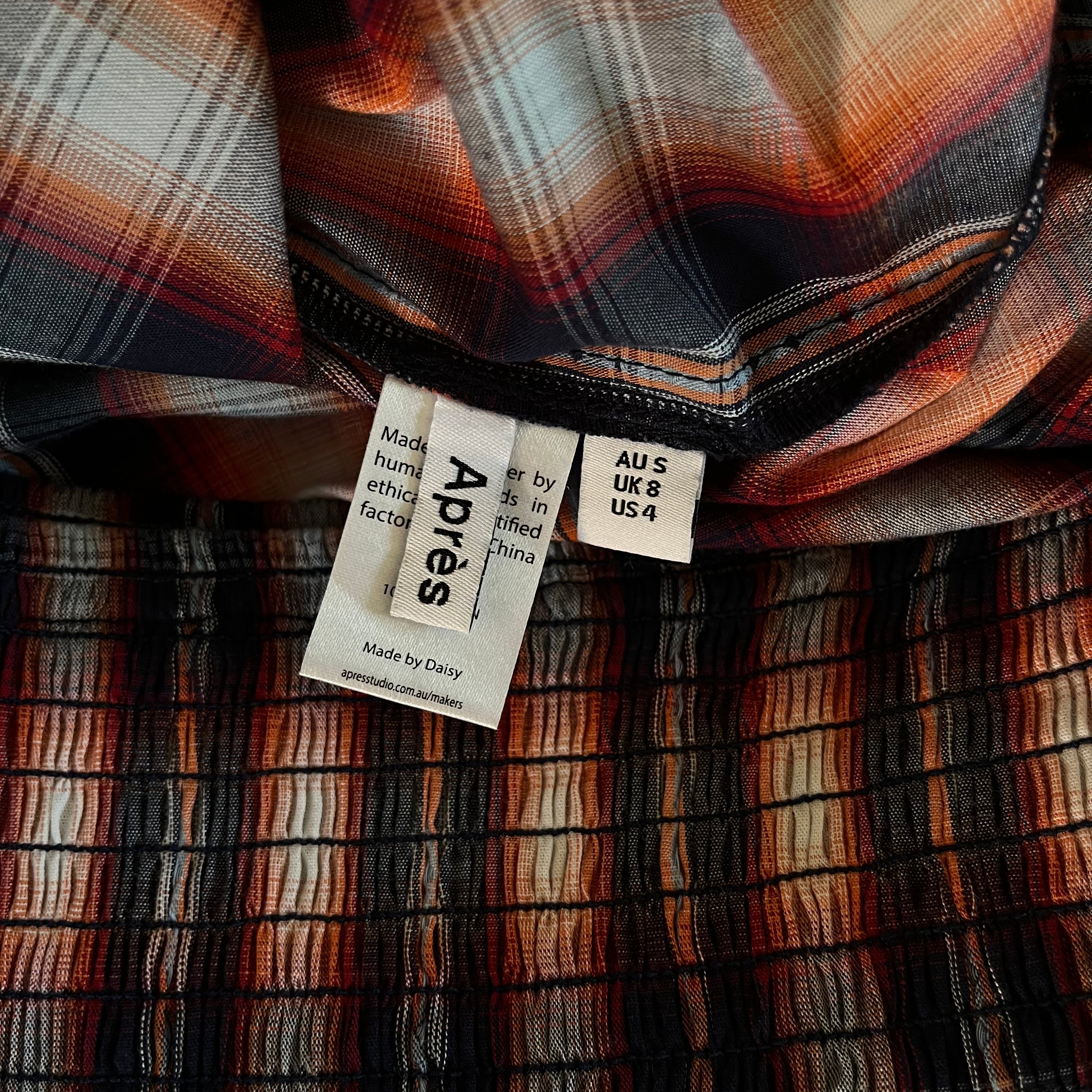 Après Studios Shirred Midi in Grape Plaid Size S.