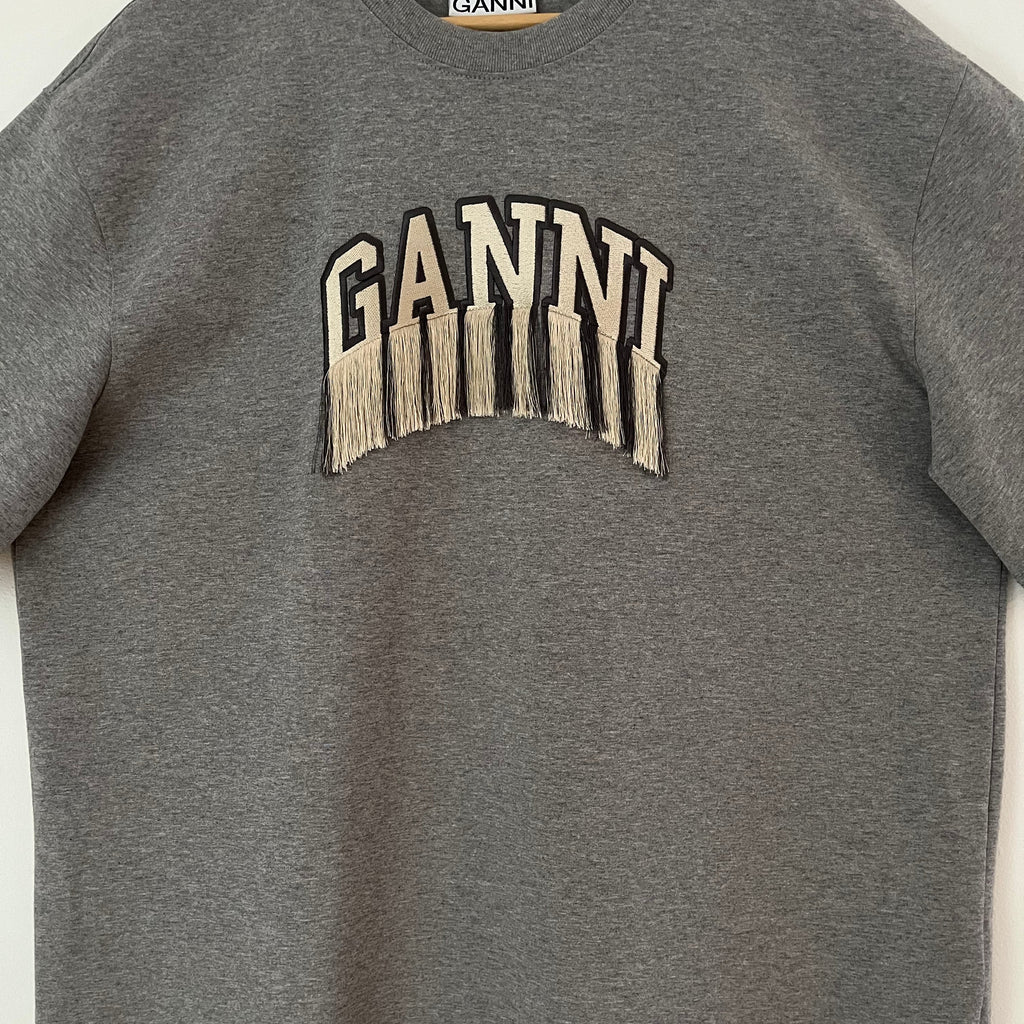 Ganni Heavy Cotton Drop Shoulder Fringe T-Shirt Size L.